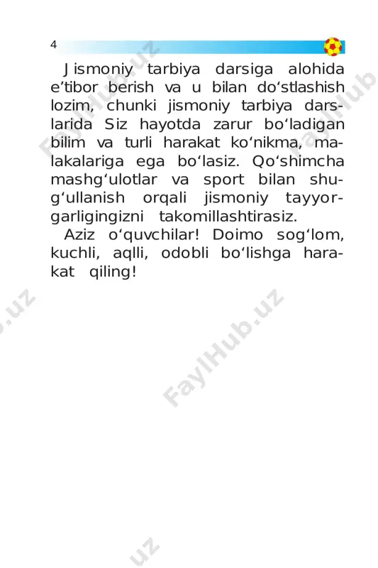 dzivil – xalqaro toifadagi sport ustasi, balandlikka sakrash bo‘yicha 2015-yilda xitoyda o‘tkazilgan osiyo o‘yinlari g‘olibi. 2. anvar ko‘chmurodov — xalqaro toifadagi sport ustasi, 100 m ga yugurishda xalqaro musobaqalar qatnashchisi. 13 savollar 1. yengil atletikaning qanday turlarini bilasiz? 2. yengil atletikaning qaysi turi sizga yoqadi? 3. yengil atletika sporti turlarining qaysi biri maktabda jismoniy tarbiya darslarida o‘tiladi? 4. yengil atletika bo‘yicha maktabda qanday natijalarga erishdingiz? òopshiriqlar 1. 30 m masofada tez yugurish qo- biliyatingizni sinab ko‘ring. 2. kichik koptokni uzoqqa uloqtirishda erishadigan natijangizni aniqlang. 3. yengil atletika turlarining nomini yozing. sport gimnastikasi gimnastika o‘z ichiga sport gim- nastikasi, badiiy gimnastika va ak- robatikani qamrab oladi. sport gimnastikasi bo‘yicha yur- timizning mashhur sportchilari: 14 1. sergey diamidov — xizmat ko‘r- satgan sport ustasi, jahon chem- pioni. 2. oksana chusovitina — xizmat ko‘rsatgan sport ustasi, 7 karra olimpiada qatnashchisi, jahon chem- pioni. 3. marat karimov — sport ustasi. 4. anton fokin — …