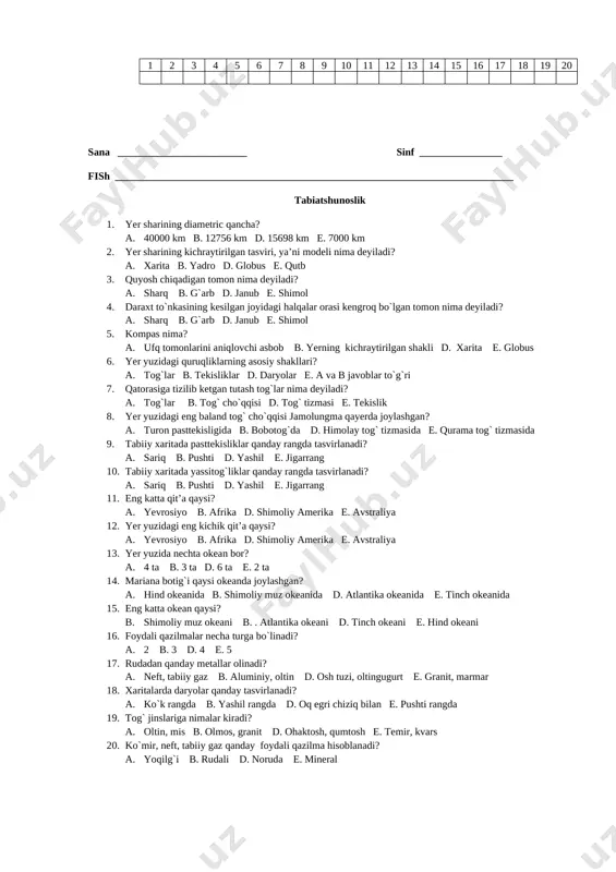 a, turna 20. qaysi qatorda ot yasovchi qo`shimchalar berilgan? a. –li, -siz, -dosh b. –chi, -don, -dosh d. –sira, -ovlon, -li e. –choq, -siz, -la 1 2 3 4 5 6 7 8 9 10 11 12 13 14 15 16 17 18 19 20 sana _________________________ sinf ________________ fish _____________________________________________________________________________ matematika 1. 4*+5*=104 tenglikda * ayni bir raqamni bildiradi. qaysi raqamni? a. 4 b. 5 d. 6 e. 7 2. x+2018=4088 tenglamada x ning qiymatini toping. a. 2070 b. 6106 d. 2170 e. 2060 3. 8969-x=5248-248. x=? a. 4969 b. 7969 d. 13969 e. 3969 4. alisher bir son o`yladi. unga 104 ni qo`shdi, yig`indidan 80 ni ayirdi. ayirmaga 40 ni qo`shgan edi, 100 hosil bo`ldi. alisher qanday sonni o`ylagan? a. 36 b. 72 d. 18 e. 84 5. agar 1111:101=a bo`lsa, 3333:101+6666:303 ifoda a dan necha marta katta? a. 2 b. 3 d. 4 e. 5 6. yigirmata …