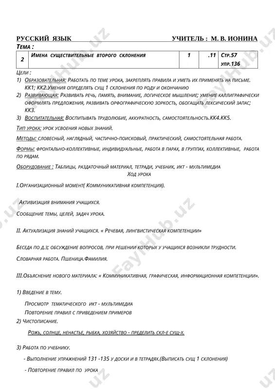 nenie imyon sushestvitelnix. imena sushestvitelnie pervogo skloneniya ) · relaksatsiya v opredelenii urovnya sformirovannosti pk i kkompetentsiy po teme uroka · kommentirovannoe otsenivanie otvetov uchashixsya na uroke instruktaj k vipolneniyu zadaniy dlya domashney raboti. str. 57 upr. 139 russkiy yazik uchitel : m. v. ionina tema : 3 imena sushestvitelnie tretego skloneniya 1 .11 str.60 upr.143 tseli : 1) obrazovatelnaya: rabotat po teme uroka, zakreplyat pravila i umet ix primenyat na pisme. kk1; kk2.umeniya opredelyat sush 1 skloneniya po rodu i okonchaniyu 2) razvivayushaya: razvivat rech, pamyat, vnimanie, logicheskoe mishlenie; umenie kalligraficheski oformlyat predlojeniya, razvivat orfograficheskuyu zorkost, obogashat leksicheskiy zapas; kk3. 3) vospitatelnaya: vospitivat trudolyubie, akkuratnost, samostoyatelnost.kk4.kk5. tip uroka: urok usvoeniya novix znaniy. metodi: slovesniy, naglyadniy, chastichno-poiskoviy, prakticheskiy, samostoyatelnaya rabota. formi: frontalno-kollektivnie, individualnie, rabota v parax, v gruppax, kollektivnie, rabota po ryadam. oborudovanie : tablitsi, razdatochniy material, tetradi, uchebnik, ikt - multimedia xod uroka i.organizatsionniy moment( kommunikativnaya kompetentsiya). aktivizatsiya vnimaniya …