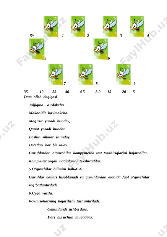 .o’quvchilarni baholash. guruhlar va faol o’quvchilar baholanadi. 6.uyga vazifa. 6-7-misollar tushuntiriladi. ``sana:2-fevral dars:matematika mavzu: ko’paytirishning hadlari maqsad: ta’limiy maqsad;kopaytirishning hadlarini o’rgatish; tarbiyaviy maqsad: o’quvchilarni vatanparvarlik va bunyodkorlik ruhida tarbiyalash; rivojlantiruvchi maqsad:o’quvchilarning berilgan topshiriqlarni aniq va tez bajara olish qobiliyatlarini rivojlantirish. darsning borishi: 1. tashkiliy qism: -boshlandi sinfda dars, tayyor bo’ling har nafas. salomlashish,navbatchi axborotini tinglash.o’quvchilar bilan yil fasllari haqida suhbat o’tkazish.o’quvchilarning darsga tayyorligini nazorat qilish. o’quvchilarni guruhlarga bo’lish. 1-gurug “alisher navoiy “ 2-guruh “mirzo bobur” 3-guruh ”amir temur” 2.o’tilgan mavzularni takrorlash. -o’tgan mavzu takrori, bugunning poydevori. “issiq krtoshka” o’yini orqali savoi-javob o’tkaziladi.uch guruhdan uch o’quvchiga topshiriq beriladi.rasmga qarab masala tuzing va ko’paytirishga doir ifoda tuzib qo’shish bilan almashtiring. “jim’ o’yinidan foydalanib bajariladi. 1-guruh 2-guruh 3-guruh 4*2=8 3*2=6 6*2=12 4=4=8 3+3=6 6+6=12 qolgan o’quvchilar esa “ juftini top” topshirig’ini bajaradi. 1-guruh 2-guruh 3-guruh 2*4 6+6+6 8*3 7+7+7+7 5*3 4+4+4+4+4+4 3*5 2+2+2+2 9*2 8+8+8 6*2 5+5+5 6*3 5+5+5+5+5 7*4 9+9 4*6 6+6 …