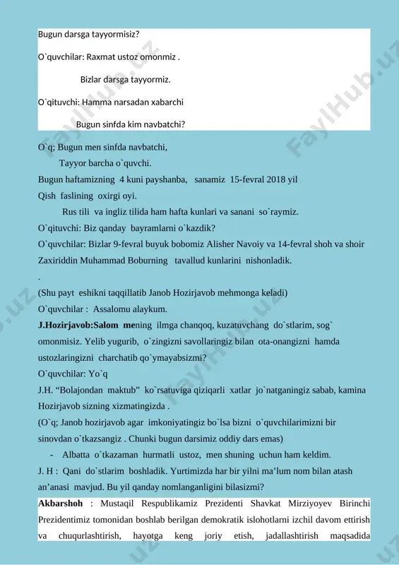 or-nomuslilik ramzi. j.h. 3 yo`nalish iqtisodiyotni rivojlantirish va rivojlantirish. tillarang nimani bildiradi? o`uvchilar: tillarang –iqtisidiyotni rivojlantirish elementlari hisoblangan kuch—qudrat va boylik ramzi . j.h. 4 yo`nalish ijtimoiy sohani rivojlantirish. qizil rang nimani bildiradi? o`quvchilar : qizil rang hayot va aholining munosib turmush tarzini ta`minlash ramzi. j. h. xavfsizlik , diniy bag`rikenglik va millatlararo totuvlik , o`zaro manfaatli va amaliy tashqi siyosat. oq rang nimani bildiradi ? o`quvchilar: oq rang –tinchlik sevarlik siyosati elementlari hisoblangan tinchlik va soflik ramzi. j.h. aziz do`stlarim, hurmatli ukalarim va singillarim men sizlarning hatti harakatlaringiz va javoblaringizdan juda ham mamnun bo`ldim. har qanday savollaringiz bo`lsa kamina hozirjavobga yo`llayvering .o`qigan o`rgangan bolalarni ko`p bo`lishi bu davlatimiz va jam`iyatimizning azali orzusidir. o`zbekiston deb atalmish katta uyimiz, oilamizni sevish asrash va rivojlantirish hammamizning qo`limizda. yana ko`rishguncha xayr jajji do`stlarim! o`qituvchi : siz bilim cho`qqilarini egallashga tayyormisiz? o`quvchilar: tayyormiz. o`qituvchi: unda bugungi darsimizni boshlaymiz. darsimiz shiori: o`quvchilar: matematika fanlar ichra …