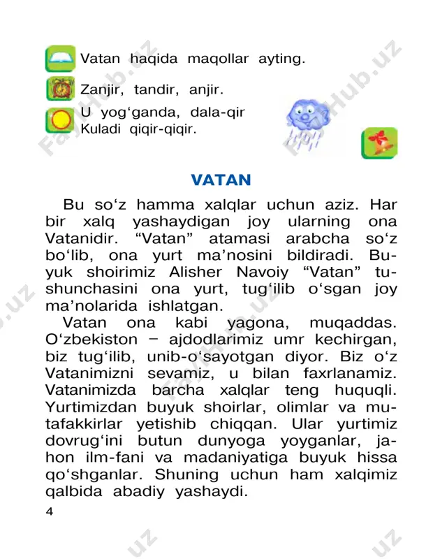 olibdi. navoiy: – aytganingiz bo‘ladi, menga ishoning, – deb yupatibdi. muhammad ota uyiga kelib o‘g‘lini yo niga chaqiribdi: – bolam, – debdi, – mabodo kunim bitib, qazo qilsam, uyni aslo sota ko‘rma. bordi-yu judayam sotging kelsa, navoiy hazratlarining oldilaridan bir o‘tib, keyin bu ishga qo‘l ur. hazrat senga to‘g‘ri yo‘lni ko‘rsatadilar. 2 muhammad ota olamdan o‘tibdi. xudoy berdi uyni sotmoqchi bo‘libdi. “otam, uyni sotadigan bo‘lsang, navoiyning oldi- dan o‘t, degan edi. u qanday yo‘l ko‘rsatar ekan”, debdi-da, shoirning huzuriga kelibdi. navoiyga maqsadini aytibdi. shun- da navoiy: – yaxshi. ammo tandiring biroz eski. buzib, yangisini qur. uyning narxi osha di, – debdi. xudoyberdi uyiga kelib, tandiriga qarasa, haqiqatan ham tandir juda eski emish. “navoiy to‘g‘ri aytdi”, – debdi-da, tandirni 11 buzibdi. tandirfurushdan tandir sotib olibdi- da, orqaga qaytibdi. yo‘lda charchab, dam olmoqchi bo‘libdi. shunda tandir yerga qattiq tegib, sinib ketibdi. xudoyberdi orqa- ga qaytib, ustadan yana bitta tandir so- tib olibdi. …