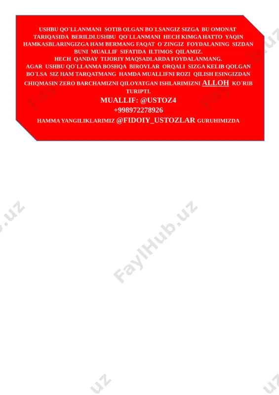 arilishini tahlili o`tkazilib no`to`g`ri bajarilgan misollar yuzasidan ko`rsatma beraman. iii yangi mavzu bayoni: 1. a) sonlarni o‘qing: 1 232; 1 047; 2 705; 3 008; 2 000. b) eng kichik va eng katta bir xonali, ikki xonali, uch xonali va to‘rt xonali sonlarni ayting. d) sonlarni yozing: – bir ming yetti yuz yetmish besh; – to‘rt ming sakkiz yuz qirq; – olti ming qiriq sakkiz; – yetti ming ikki yuz; – besh ming besh; – to‘qqiz ming to‘rt yuz sakson bir; – uch ming yigirma. 2. 3, 0, 0, 7 raqamlari yordamida beshta turli to‘rt xonali son yozing. 3. 4 449 sonidan keyin keluvchi ketma-ket beshta son yozing. 5 100 sonidan oldin keluvchi to‘rtta son yozing. 4. ifodalarni > yoki 10 40>10 b) 10 va 2 sonlari bo‘linmasi 4 va 3 sonlari ko‘paytmasidan kichik;10/2=5 43-26 1000>17 e) 48 va 40 sonlari ayirmasi noldan katta.48-40=8>0 5. o‘quvchilar maktab atrofiga 24 tup …