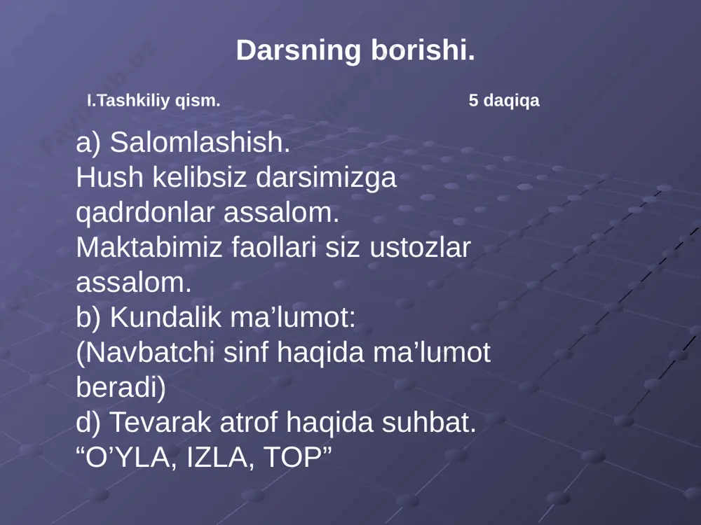 yetti yoshga to’lganimda, shaxrisabzdagi madrasaga olib borishdi va qulog’imga so’zlar jadvalini berishdi”. u so’zlarni qiynalmay o’qiy boshladi. chunki harflarni uyida o’rgangan edi. to’qqiz yoshga to’lganda madrasadagi hamma bolalardan ustun bo’lib oldi. temurbek yig’ilishlarda ulamolar oldidan joy olishga harakat qilardi. lekin har doim ularning huzurida tiz cho’kib o’tirardi. kattalarga shu xilda xurmat bildirishni o’ziga qoida qilib olgandi. temurbek o’n ikki yoshida bolalar bilan o’ynashni kmaytirdi. vaqtini o’z tengdoshlari hamda o’smirlar bilan o’tkazdi. ta’til vaqtlarida otasi va boshqa kishilardan xarbiy sa’nat xamda bahodirlik rasm – rusmlarini mukammal egalladi. o’n besh yoshga yetganda ot minib ov qilishni sevib qoldi. bu ishda katta mahoratga erishdi. xullas, temurbek yahshi o’qib ziyrak va jasur bola bo’lib o’sdi, el yurtga mexr qo’ydi. ammo uning bolalik va yigitlik davri og’ir kunlarga to’g’ri keldi. iv. quvnoq daqiqa. 3 daqiqa “u kim, bu nima?” didaktik o’yin v. mustahkamlash. 7 daqiqa matinni o’quvchilar zanjir orqali o’qib eshittiradilar. -------------- “muhlis shou” balli …