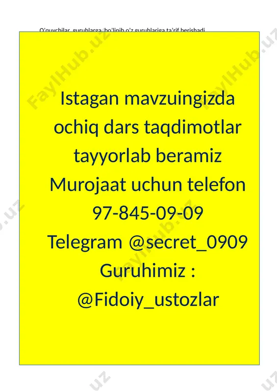 d-1] tarmoqlash metodi murojaat uchun telefon 97-845-09-09 murojaat uchun telefon 97-845-09-09 vi. o`quvchilarni baholash va uyga vazifa: darsda faol qatnashgan, doskada misol masala bajargan va birinch bo`lib bajargan o`quvchilarni baholayman. uyga vazifani e`lon qilaman. [image: ][image: ] [image: https://kopilkaurokov.ru/action-newfile - nachalnie klassi, prezentatsii]murojaat uchun telefon 97-845-09-09 uyga vazifa 6-7- misol. bajarilishi yuzasidan ko`rsatma berib darsni yakunlayman. ko`rildi: o’tibdo’______ _________________ birlar sinfi minglar sinfi millionlar sinfi image6.jpeg image7.jpeg image8.png image9.png image10.png image11.png image12.jpeg image13.png image14.png image15.jpeg image1.jpeg image2.png image3.jpeg image4.jpeg image5.jpeg