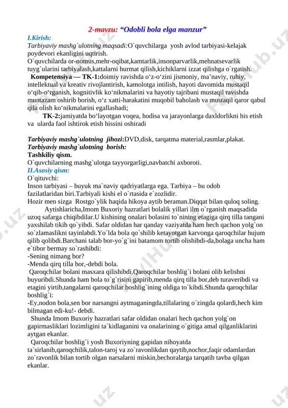 v bejizga “bolalarimizni birovlarning qo’liga berib qo’ymasdan, ularni o’zimiz tarbiyalashimiz lozim” deb aytmaganlar. shu sababli ta’limni o‘zbekiston respublikasining ijtimoiy taraqqiyoti sohasida ustuvor yo‘nalish, deb e’lon qilingan. o‘zbekiston respublikasi konstitutsiyasining 41-moddasida har kimning bilim olish huquqiga egaligi va bepul umumiy ta’lim olish davlat tomonidan kafolatlanishi belgilab qo‘yilganligi buning isbotidir. prezidentimiz sh.mirziyoev tashabbusi bilan davlatimizni barqaror va jadal sur’atlar bilan rivojlantirish, olib borilayotgan islohotlar samarasini yanada oshirish maqsadida, 2017-2021 yillarda o‘zbekiston respublikasini rivojlantirishning beshta ustuvor yo‘nalishi bo‘yicha harakatlar strategiyasi ishlab chiqilib, hayotga izchil joriy etilmoqda. [image: c:\users\kamolov.j\desktop\images (1).jpg]i. davlat va jamiyat qurilish tizimini takomillashtirish ii. qonun ustuvorligini ta’minlash va sud-huquq tizimini yanada isloh qilish iii. iqtisodiyotni rivojlantirish va liberallashtirish iv. ijtimoiy sohani rivojlantirish v. xavfsizlik, diniy bag‘rikenglik va millatlararo totuvlik, o‘zaro manfaatli va amaliy tashqi siyosat iii.yakuniy qism: ona vatanimiz mustaqilligini keng nishonladik. darhaqiqat, asrlarga ta`tigulik bu yillar mobaynida yurtboshimiz rahnamoligida xalqimizning farzandlar iqbolini o`ylab, bir maqsadu muddao bilan, bir tanu bir …