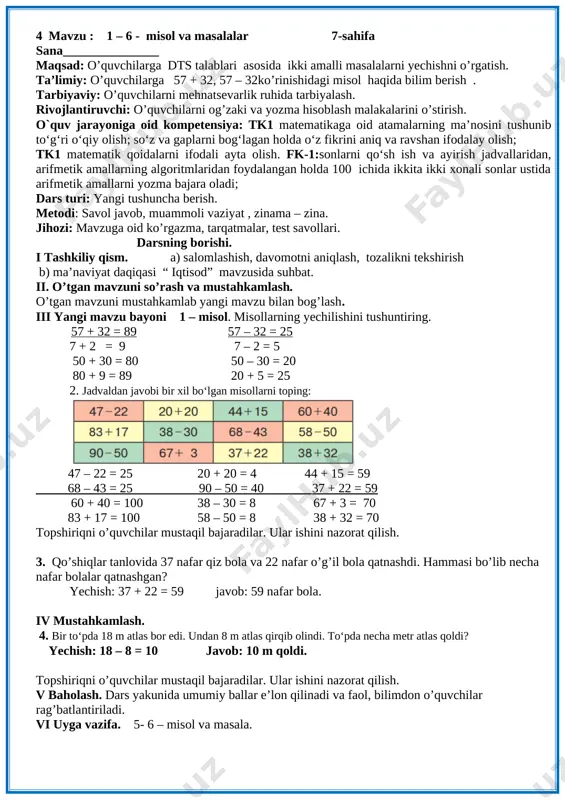 - 22 83 + 17 38 – 30 68 – 43 58 – 50 90 – 50 67 + 3 37 + 22 38 + 32 47 – 22 = 25 20 + 20 = 4 44 + 15 = 59 68 – 43 = 25 90 – 50 = 40 37 + 22 = 59 60 + 40 = 100 38 – 30 = 8 67 + 3 = 70 83 + 17 = 100 58 – 50 = 8 38 + 32 = 70 topshiriqni o’quvchilar mustaqil bajaradilar. ular ishini nazorat qilish. 2. duradgor 38 ta taxtani randalashi kerak edi. u bir kunda 30 ta taxtani randalashi aniqlandi. duradgor yana nechta taxtani randalashi kerak? jami – 38 ta bajarildi – 30 ta 38 – 30 = 8 qoldi - ? ta. javob: 8 ta qoldi. 4. rasmda tasvirlangan har bir shaklning nomini ayting. har bir shaklning nechta tomoni …