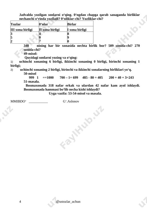 qtiran olish fk: matematika mazmuniga oid umumiy komp-si: arifmetik amalda qatnashgan noma’lum tarkibiy qismini aniqlay oladi. kommunikativ komp-siya: o’rganilgan matematik tushunchalar, faktlar vas algaritmlarni kundalik vaziyatlarda qo’llay oladi. mashg’ulot turi; yangi bilim beruvchi mashg’ulot mashg’ulotning jihozi: kompyuter, mavzuga mos slaydlar, tarqatmalar, abak, jadval va sxemalar. mashg’ulotning uslubi: noan’anaviy, multimediya mashg’ulot. mashg’ulotning borishi: i. tashkiliy qism. a) salomlashish b) davomatni aniqlash c) mashg’ulotga hozirlik ko’rish. ii. o’tgan mavzuni so’rash va mustahkamlash. o’tilgan mavzu aniqlab, takrorlanadi. [image: ][image: ]rim raqamlari haqida slaydlar ko’rsatiladi: [image: ] [image: ] [image: ] [image: ] uch xonali 328 sonining yozuvida uchta xonani — birlar, o'nlar, yuzlar xonasini tashkil etuvchi uchta raqam bor. bu xonalar birlashtiriladi va sinf deb ataladi. istalgan miqdordagi raqamlardan tashkil topgan sonlarni — to‘rt xonali, besh xonali, olti xonali, yetti xonali va h.k. sonlarni yozish mumkin. 625 347 soni — olti xonali son. 0‘ngdagi dastlabki uchta raqam birlar sinfini tashkil etadi. birlar sinfidan …