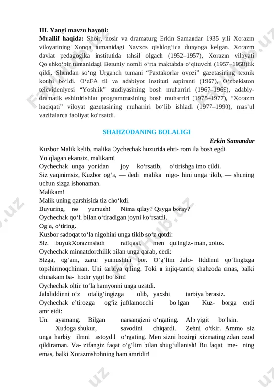 g‘a, o‘tiring. kuzbor sadoqat to‘la nigohini unga tikib so‘z qotdi: siz, buyuk xorazmshoh rafiqasi, men qulingiz- man, xolos. oychechak minnatdorchilik bilan unga qarab, dedi: sizga, og‘am, zarur yumushim bor. o‘g‘lim jalo- liddinni qo‘lingizga topshirmoqchiman. uni tarbiya qiling. toki u injiq-tantiq shahzoda emas, balki chinakam ba- hodir yigit bo‘lsin! oychechak oltin to‘la hamyonni unga uzatdi. jaloliddinni o‘z otalig‘ingizga olib, yaxshi tarbiya berasiz. oychechak e’tirozga og‘iz juftlamoqchi bo‘lgan kuz- borga endi amr etdi: uni ayamang. bilgan narsangizni o‘rgating. alp yigit bo‘lsin. xudoga shukur, savodini chiqardi. zehni o‘tkir. ammo siz unga harbiy ilmni astoydil o‘rgating. men sizni hozirgi xizmatingizdan ozod qildiraman. va- zifangiz faqat o‘g‘lim bilan shug‘ullanish! bu faqat me- ning emas, balki xorazmshohning ham amridir! bosh ustiga, malikam! oychechak ko‘ziga to‘lgan yoshlarni ko‘rsatmaslikka harakat qildi. uni yuzxotir qilmang. jaloliddin — valiahd, ammo bugundan e’tiboran shogirdingiz, o‘quvchingiz. kuzbor ta’zim ila chiqib ketgach, oychechak o‘zini yig‘idan to‘xtata olmadi. ona uchun o‘g‘lining o‘zidan uzoqlashishi naqadar …