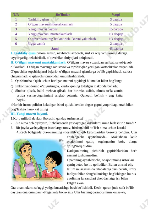 gi ekanligini va mutafakkir ma’rifatparvarlar asarlaridagi hikmat, rivoyat va o’g’itlarini, milliy sharqona odob-axloq qoidalari, fazilatlarini, o’zbekona urf-odat va an’analarining millliy xususiyatlarni farqlash va amalga oshirish usullarini o’rgatish. tk4: davlat ramzlariga hurmat va ehtirom ko‘rsatish; rivojlantiruvchi:o`quvchilarning mavzuga oid bilim, ko`nikma , malakalarini rivojlantirish, matn bilan ishlash orqali fikrlash qobiliyatlarini, og`zaki nutqini o`stirish. fk1:o‘zbekistonda yashayotgan millatlar va elatlar haqida ma’lumot bera olish dars turi: yangi bilim beruvchi dars usuli: suhbat, tushuntirish, savol-javob, kichik guruhlarda ishlash. dars jihozi: darslik, taxta, bo`r, mavzuga oid rasmlar, tarqatmalar, texnik vositalar. darsning borishi. t/r bo’limlar vaqti 1 tashkiliy qism 3 daqiqa 2 o`tgan mavzuni mustahkamlash 5 daqiqa 3 yangi mavzu bayoni 15 daqiqa 4 yangi mavzuni mustahkamlash 1o daqiqa 5 o`quvchilarni rag`batlantirish. darsni yakunlash. 1o daqiqa 6 uyga vazifa 2 daqiqa jami 45 daqiqa i. tashkiliy qism:salomlashish, navbatchi axboroti, sinf va o`quvchilarning darsga tayyorgarligi tekshiriladi, o`quvchilar ehtiyojlari aniqlanadi. ii. o`tilgan mavzuni mustahkamlash. o`tilgan mavzu yuzasidan suhbat, savol-javob …