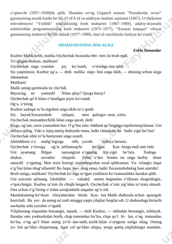 ng qarshisida tiz cho‘kdi. buyuring, ne yumush! nima qilay? qayga boray? oychechak qo‘li bilan o‘tiradigan joyni ko‘rsatdi. og‘a, o‘tiring. kuzbor sadoqat to‘la nigohini unga tikib so‘z qotdi: siz, buyuk xorazmshoh rafiqasi, men qulingiz- man, xolos. oychechak minnatdorchilik bilan unga qarab, dedi: sizga, og‘am, zarur yumushim bor. o‘g‘lim jalo- liddinni qo‘lingizga topshirmoqchiman. uni tarbiya qiling. toki u injiq-tantiq shahzoda emas, balki chinakam ba- hodir yigit bo‘lsin! oychechak oltin to‘la hamyonni unga uzatdi. jaloliddinni o‘z otalig‘ingizga olib, yaxshi tarbiya berasiz. oychechak e’tirozga og‘iz juftlamoqchi bo‘lgan kuz- borga endi amr etdi: uni ayamang. bilgan narsangizni o‘rgating. alp yigit bo‘lsin. xudoga shukur, savodini chiqardi. zehni o‘tkir. ammo siz unga harbiy ilmni astoydil o‘rgating. men sizni hozirgi xizmatingizdan ozod qildiraman. va- zifangiz faqat o‘g‘lim bilan shug‘ullanish! bu faqat me- ning emas, balki xorazmshohning ham amridir! bosh ustiga, malikam! oychechak ko‘ziga to‘lgan yoshlarni ko‘rsatmaslikka harakat qildi. uni yuzxotir qilmang. jaloliddin — valiahd, ammo bugundan e’tiboran shogirdingiz, …