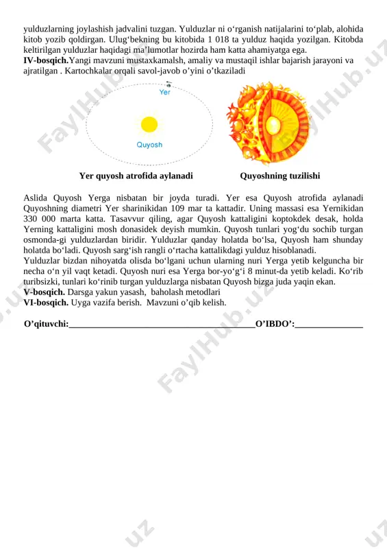 ulkan. ( yulduz bizdan nihoyatda olisda olovdek yonib turgan sh ar shaklidagi ulkan osmo n jismidir. ) ( mirzo ulug‘bek )[image: ]yulduzlarning bizdan qanday uzoqlikda kanligini tasavvur qilib ko‘raylik. ulardan tarqalayotgan nurlar 1 sekundda 300 000 kilometr masofani bosib o‘tadi. nurning tezligi shunday katta bo‘lsa ham, eng yaqin yulduzning nuri bizga 4 yilda yetib keladi. ko‘rinib turgan ba’zi yulduzlar nuri bizga yetib kelishi uchun esa 100 yildan ortiq vaqt ketadi. agar diqqat bilan kuzatgan bo‘lsangiz, yulduzlar rang-barangdir. ayrim yulduzlar oqish yoki ko‘kimtir. ular eng qaynoq yulduzlar hisoblanadi. bunday yulduzlar sirtidagi harorat +10 000 °c dan +100 000 °c gachadir. yulduzlar orasida sarg‘ishlari ham bor. ular sirtidagi harorat +3 000 °c dan +10 000 °c gacha bo‘ladi. ayrim yulduzlar qizg‘ish tusda bo‘ladi. bunday yulduzlar sirtidagi harorat +2 000 °c dan +3 000 °c gachabo‘ladi. bulutsiz tunda 3 000 taga yaqin yulduzni ko‘ra olishimiz mum-kin. ko‘rinadigan yulduzlar ortida ham son-sanoqsiz yulduzlar mavjud. …