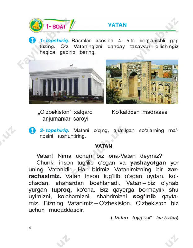 ahrida tug‘ilganman. buxo- ro qadimiy shahar. – sen-chi, olga? 10 – men toshkent shahrida tug‘ilganman. toshkent – o‘zbekistonning poytaxti. – men esa samarqand shahrida tug‘ilganman. samarqand ham qadimiy shahar. – ... . 2- topshiriq. o‘zingiz yashayotgan shahar yoki qishloq haqida so‘zlab bering. n amu n a : men toshkent shahrida yashayman. tosh- kent – vatanimiz poytaxti ... 1- mashq. matnni o‘qing. topshiriqlarni bajaring. toshkent toshkent – vatanimiz poytaxti. toshkent o‘rta osi- yodagi eng qadimiy shaharlardan biri. toshkent mustaqillik yillarida, ayniqsa, obodonlashdi va ko‘r- kamlashdi. uning ko‘chalari kengaydi, ko‘priklar, yangi zamonaviy binolar qurildi. toshkentda zamo- naviy mehmonxonalar, „toshkentlend“, „bobur“, „an- hor“ bolalar bog‘lari, temuriylar tarixi davlat mu- zeyi, „ezgulik“ arkasi shahar ko‘rkiga ko‘rk qo‘shib turibdi. shaharda zamonaviy binolar bilan birga ta- rixiy obidalar ham ko‘p. bugungi kunda toshkent eng ko‘rkam va zamo- naviy shaharlardan biriga aylandi. poytaxt – ñòîëèöà ko‘prik – ìîñò obodonlashdi – áëàãî- ko‘rkam – êðàñèâûé óñòðàèâàëñÿ bino – …