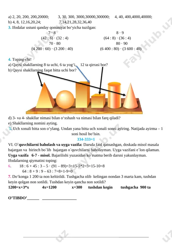 do‘konga 1 200 ta non keltirildi. tushgacha olib kelingan nondan 3 marta kam, tushdan keyin qolgan non sotildi. tushdan keyin qancha non sotildi? 1200=x+3*x 4x=1200 x=300 tushdan kegin tushgacha 900 ta o’tibdo’______ _________________ sana:__________________________ mavzu: tengsizliklarni tanlash usuli bilan yechish maqsad: ta’limiy: o’quvchilarni “tengsizliklarni tanlash usuli bilan yechish” xossalari bilan tanishrirish, bilim ko`nikma hosil qilish. tarbiyaviy: sport bilan shug`ullanishni targ`ib qilish, ish bajarishda tozalikka, ozodalikka, tartibga rioya qilishga o`rgatish. rivojlantiruvchi: o’quvchilarda matematik nutq, xotira, tafakkurni, yozuv ko’nikmalarini rivojlantirish. o’quvchilarning faolligini oshirish, olingan bilimlarini hayot bilan bog’lash fanga oid kompetensiyalar: sodda real hodisalarni matematik tilda ifodalash usullarining samarali ekanligini tushuna olish. metodi: savol javob, tushuntirish jihozi: mavzuga oid ko’rgazma, tarqatmalar.kitob darsning borishi. t/r bo’limlar vaqti 1 tashkiliy qism 3 daqiqa 2 o`tgan mavzuni mustahkamlash 5 daqiqa 3 yangi mavzu bayoni 15 daqiqa 4 yangi mavzuni mustahkamlash 10 daqiqa 5 o`quvchilarni rag`batlantirish. darsni yakunlash. 10 daqiqa 6 uyga vazifa 2 daqiqa jami …