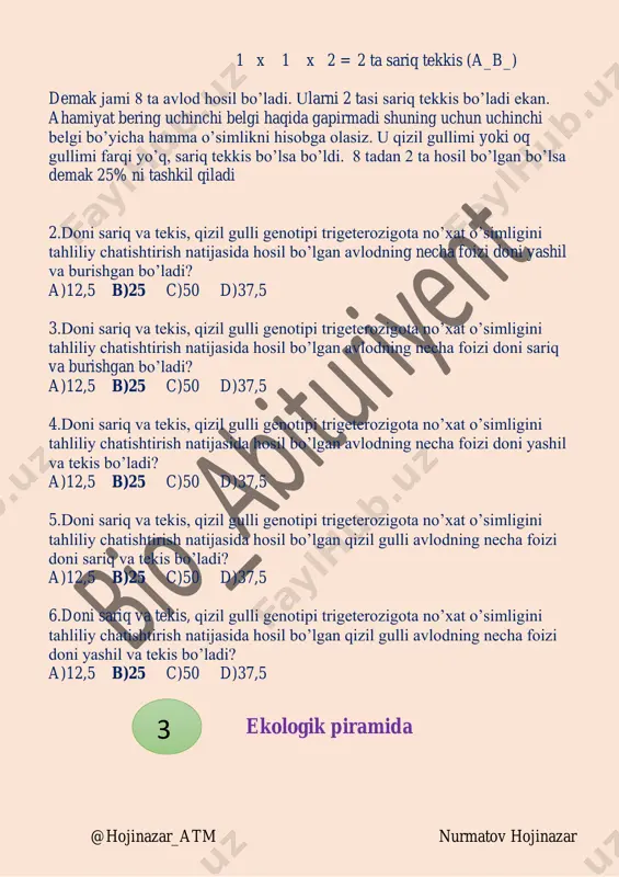 smini hosil qiladi. endi 100 % ini topib olamiz 75% --------------900 ta nukleotid 100% -------------x= 1200 ta nukleotid demak irnk da asli 1200 ta nukleotid bo’lgan ekan. uni sonini 2 ga ko’paytirsak dk dagi nukleotid kelib chiqadi. 1200 x 2 = 2400 ta nukleotid dnk da 2.36000 malekulyar og’irlikdagi oqsil sintezlashda i-rnk ning 25 % ishtirok etmagan bo’lsa, oqsil sintezida ishtrok etgan rnk dagi nukleotidlar yig’indisini toping. (oqsildagi bitta aminokislotani og’irligi 120) a)1200 b)3600 c)7200 d)2400 4 @hojinazar_atm nurmatov hojinazar 2.36000 malekulyar og’irlikdagi oqsil sintezlashda i-rnk ning 25 % ishtirok etmagan bo’lsa, oqsil sintezida ishtrok etgan dnk dagi fosfodiefir bog’lar yig’indisini toping. (oqsildagi bitta aminokislotani og’irligi 120) a)1198 b)3598 c)7198 d)2398 3.36000 malekulyar og’irlikdagi oqsil sintezlashda i-rnk ning 25 % ishtirok etmagan bo’lsa, oqsil sintezida ishtrok etgan rnk dagi fosfodiefir bog’lar yig’indisini toping. (oqsildagi bitta aminokislotani og’irligi 120) a)1198 b)3598 c)7198 d)2398 4.36000 malekulyar og’irlikdagi oqsil sintezlashda i-rnk ning 25 …