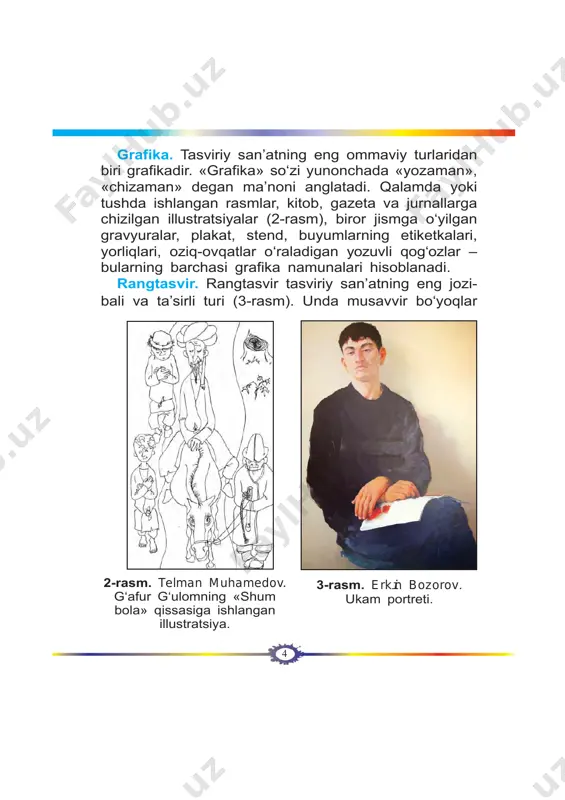 ng qanday turlari bor? har bir turini tushuntirib bering. 2. tasviriy san’at janrlarini sanab chiqing. 3. tasviriy san’at janrlari bir-biridan nimasi bilan ajralib turadi? uyga topshiriq: atamalar uchun alohida daftar tuting va unga mavzu matnidagi ajratib ko‘rsatilgan so‘zlarni yozib boring. «qovun va anor» mavzusida naturmort ishlash ona vatanimizda yetishtirilgan mazali mevalar o‘zi- ning chiroyliligi bilan rassomlar ni ilhom lantirib, ularni naturmort yaratish ga qiziqtira di (16–18-rasmlar). muhammad nuriddinov rangtasvirchi musavvir, o‘zbekis ton xalq rassomi. 1948-yilda na man gan shahrida tug‘ilgan. 1968-yil da res- publika rassomlik bilim yurti, 1976-yilda repin nomidagi le ningrad rassomlik, haykaltaroshlik va me’morlik institu- tini tugatgan. 2003-yilda o‘zbekiston ba diiy akade miyasining oltin medali bilan taq dirlangan. mavzuli kom pozitsiyalar ustasi, portretlar hamda naturmort janrida asarlar yaratgan. uning «namangan ohang lari», «ona portreti», «omon abdurazzoqov portreti», «eski sebzor» asarlari mashhurdir. 13 16-rasm. yanis salpinkidi. anorli naturmort. 17-rasm. n. oripova. anorlar naturmorti. 18-rasm. obidjon bakirov. kuzgi naturmort. 14 …