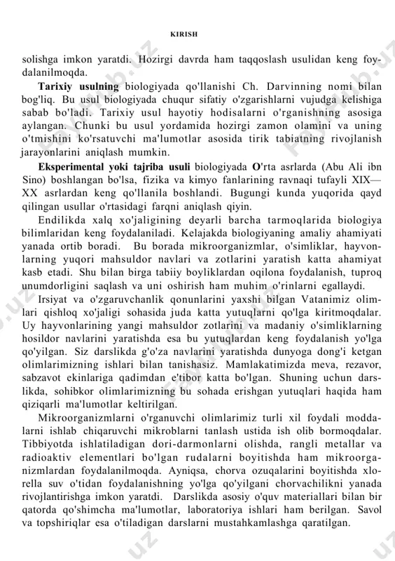 zuqalarini boyitishda xlo- rella suv o'tidan foydalanishning yo'lga qo'yilgani chorvachilikni yanada rivojlantirishga imkon yaratdi. darslikda asosiy o'quv materiallari bilan bir qatorda qo'shimcha ma'lumotlar, laboratoriya ishlari ham berilgan. savol va topshiriqlar esa o'tiladigan darslarni mustahkamlashga qaratilgan. i _ _ tt t_ tirik va jonsiz tabiatning " " o'xshashligi hamda farqlari organizmlarning xilma-xilligi i bob tirik va jonsiz tabiatning o'xshashligi hamda farqlari 1- §. tirik organizmlarning o'ziga xos xususiyatlari sayyoramizdagi tirik mavjudotlar juda xilma-xildir. bunga ishonch hosil qilish uchun vatanimizning cho'l, adir, tog' vayaylovlari yoki o'tloqzor, to'qayzorlari, dalavabog'larini sayr qilish kifoya. qolaversa, afrika, janubiy amerikadagi tropik o'rmonlarni ko'z oldimizga keltiraylik. shubhasiz, ushbu hududlarda son-sanoqsiz o'simliklar, hasharotlar, qushlar vasut emizuvchi hayvonlar tarqalgan. turli-tuman mikroorganizmlar bir tomchi suvda yoki tuproqning ayrim bo'lakchalaridahayot kecliiradi. ular juda xilma-xil o'lchamga, rangga, hulq-atvorgavaboshqako'pgina xususiyatlarga ega. ularning barchasi birgalikda tirik organizmlar deb ataladi. organizm — mustaqil hayot kechiradigan mavjudotdir. nima uchun biz zamburug', lola, quyon, baliq vabo'rilarni tirik orga- …