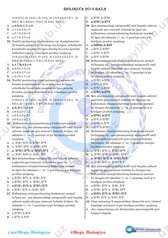 atuvchisi, ossilatoriya b-vertisil, mikoriza, parmeliya b. a-bakteriofag, rizosfera, nitella; b-infuzoriya, langust, sadafdor c. a-xlorella, batsilla, batsidiya; b-foraminifera, xlamidomonada, manna d. a-profag, pseudomonas, agrobacterium; b-lizogen hujayra, tut ipak qurti, eritrositlar 17. dnk ning ikki hissa ortishi yadroda kechadigan (a) va sitoplazmada kechadigan (b) organizmlar to`g`ri berilgan qatorni aniqlang. a. a-oq palak, tripanosoma, nozema; b-xrokokk, spirilla, pnevmokokk b. a-ossilatoriya, bezgak paraziti, foraminifera; b-nostok, parmeliya, agrobacterium c. a-kakadu, evglena, xlamidomonada; b-e.coli, rizosfera, ulotriks d. a-pseudomonas, apollon, kanna; b-agrobakterium, xlorella, batsidiya 18. dnk ning ikki hissa ortishi yadroda kechadigan (a) va sitoplazmada kechadigan (b) organizmlar to`g`ri berilgan qatorni aniqlang. a. a-vertisil, mikoriza, parmeliya; b-stafilokokk, vabo qo`zg`atuvchisi, nostok b. a-infuzoriya, langust, sadafdor; b-bakteriofag, rizosfera, nitella c. a-foraminifera, xlamidomonada, manna; b-xlorella, batsilla, batsidiya d. a-lizogen hujayra, tut ipak qurti, eritrositlar; b- profag, pseudomonas, agrobacterium 19. tuxumlarini suv muhitiga qo`ymaydigan (a) va tuxumlarini quruqlik muhitiga qo`ymaydigan (b) yuragi uch kamerali hayvonlar to`g`ri berilgan qatorni aniqlang. 1-dengiz toshbaqasi; …