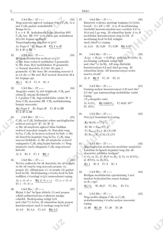 a? a) 54 b) 42 c) 38 d) 36 24. 1.5-2 �le-> 27 - - - (25) yuqoridagi jadvalda neytral holatdagi electron tuzilmasi berilgan atomlarning qaysilarini barqaror ion zaryadi to'g'ri ko'rsatilgan? a) faqat i b) i va ii c) i va iii d) i, ii va iii 25. 1.5-2 �le-> 27 - - - (26) xrom atomining elektron tuzlishi to'g'risidagi to'g'ri ma'lumotni ko'rsating. a) asosiy holatida elektron kon�guratsiyasi [ar]3d54s1; b) 5 ta valent elektroni bor. a) faqat a b) faqat b c) ikkala ma'lumot ham to'g'ri d) ikkala ma'lumot ham notog'ri 26. 1.5-2 �le-> 27 - - - (27) rubidiy namunasida 85rb va 87rb izotoplari mavjud. 87rb izotopining molyar ulushi 25% bo'lsa, namuna uchun ar(rb) qiymatini toping. a) 84,5 b) 85,5 c) 85,8 d) 86,5 27. 1.5-2 �le-> 27 - - - (28) qaysi qator uchun har xil elektron kon�guratsiya yozish mumkin? a) natriy atomi va ioni b) na+ ioni …