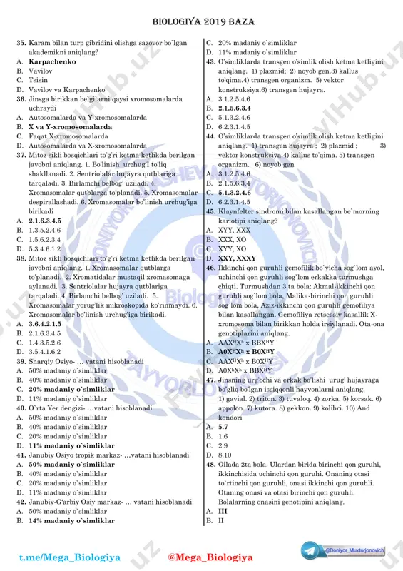 bilan o’raladi. 5) krossingover hodisasi ro’y beradi. a. 2.1.3.5.4 b. 2.4.5.3.1 c. 1.3.5.4.2 d. 4.5.1.3.2 23. odam bir sutka davomida iste’mol qilgan ovqatining parchalanishidan 2621,8 kkal energiya ajralib chiqdi. undan 100 g oqsil iste’mol qilgan bo’lsa, uning 30 % i plastik reaksiyalar uchun qolgani dissimilyatsiya uchun sarflangan va iste’mol qilgan 80 g lipidning barchasi dissimilyatsiya uchun sarflandi. kun davomida istemol qilingan uglevodddan hosil bo’lgan energiyaning 3 % i glikogen zahiralashga sarflandi. istemol qilgan ozuqadagi uglevod miqdorini aniqlang. a. 400g b. 600g c. 200g d. 500g 24. odam bir sutka davomida 100 g oqsil iste’mol qilgan bo’lsa, shundan 30 % i plastik reaksiyalar uchun qolgani dissimilyatsiya uchun sarflangan. kun davomida istemol qilingan 400 g uglevodning 5 % i glikogen zahiralashga sarflandi. iste’mol qilgan 80 g lipidning 75 % i dissimilyatsiya uchun sarflandi, qolgani teri osti yog’ qavati hosil qilish uchun sarflangan. istemol qilgan ozuqaning oqsil, uglevod va lipidlarning parchalanishidan hosil bo’lgan …