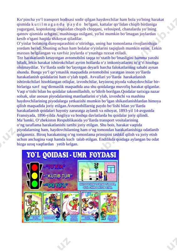 eslang.”sizning javobingiz” nomli katakka “+” (mumkin) yoki “-“(mumkin emas) belgisini yozing. javobingiz to`g`ri yoki noto`g`riligini ustozingizdan so`rab , to`g`ri javobni keyingi katakka yozing. ish- harakat sizning javobingiz to`g`ri javob 1 stadionda , bolalar maydonchasida yugurish, bir-birini quvish, o`ynash + · 2 yo`lning qatnov qismida o`rtog`ingiz yoki qarindoshlaringiz chaqirsa, alanglash - · 3 14 yoshga to`lgandan keyin yo`lda velosipedda yurish + · 4 yo`lning qatnov qismida koptok ortidan yugurib chiqish - · 5 12 yoshga to`lgandagina avtomobilning oldi o`rindig`ida yo`lovchi sifatida o`tirish + · 6 yo`lning qatnov qismidan atrofga qaramasdan , faqat to`g`riga qarab o`tish - · 7 sizga zarur bo`lgan avtobusga ulgurish uchun yo`lning qatnov qismidan bekat tarafga yugurish - · 8 chorrahadan diagonal bo`ylab o`tish - · 9 agar yaqinlashayotgan transport vositasi bo`lmasa, yo`lning qatnov qismini “zebra” chizig`i bo`ylab kesib o`tish + · 10 shoshib turganda , yo`lning qatnov qismidan egri chiziq bo`ylab kesib o`tish - · 11 yo`l …