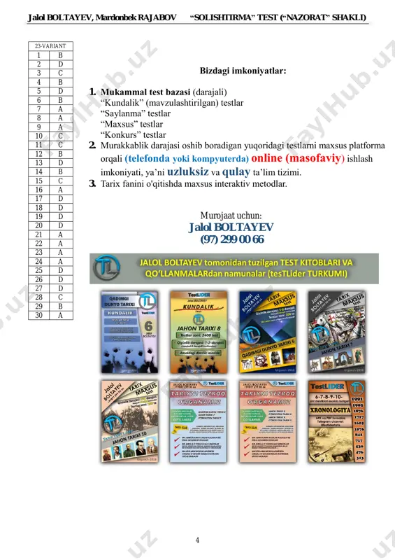 tgan xalqlarning o‘z huquqlarini o‘zlari belgilash xususidagi irodasini namoyon etib, turkistonni federativ rossiya respublikasi tarkibida hududiy jihatdan muxtor deb e’lon qiladi, shu bilan birga muxtoriyatning qaror topish shakllarini ta’sis majlisiga havola etadi" a) butunrossiya musulmonlarining i qurultoyi b) butunrossiya musulmonlarining ii qurultoyi c) butunturkiston musulmonlarining i qurultoyi d) butunturkiston o‘lka musulmonlarining favqulotda iv qurultoyida 27. bolsheviklar qachon petrogradda davlat to‘ntarishi o‘tkazib, muvaqqat hukumatni ag‘darishga muvaffaq bo‘ldilar? a) 1917-yil 26-27-noyabr b) 1917-yil 31-oktabr – 1-noyabr c) 1917-yil 27-28-oktabr d) 1917-yil 24-25-oktabr 28. butuno‘zbek (o‘zbekiston ssr) sovetlarining i ta’sis qurultoyi qachon ochildi? a) 1925-yil 12-fevralda b) 1924-yil 27-oktabrda c) 1925-yil 13-fevralda d) 1925-yil 13-may 29. rkp (b) ning x syezdi qachon bo‘lib o‘tdi? a) 1925-yil noyabr b) 1921-yil mart c) 1925-yil dekabr d) 1921-yil avgust 30. turkistonda hokimiyat qachon bolsheviklar ta’siridagi sovetlar qo‘liga o‘tgan? a) 1917-yil kuzida b) 1917-yil yozida c) 1918-yil qishida d) 1918-yil bahorida jalol boltayev, mardonbek rajabov “solishtirma” test …