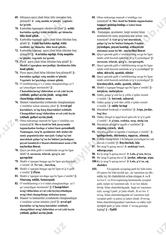 sodifiy o’zgarish; 29. simpatrik yo’nalishda kelib chiqqan turlar? j: lanoa ko’lida 18 ta baliq turi o”zbekistonda o’suvchi oq va qora saksovul; tron va yovshan shuvog’i 30. allapatrik yo’nalishda kelib chiqqan turlar? j: barbadenzi, meksika g’o’zasi, zarafshon va venger archasi; liftok va partenosesus 31. simpatrik yo’nalishda tur paydo bo’lishi haqoidagi to’g’ri ma’lumot? j: ajdod, tur areali doirasida yangi turlar paydo bo’ladi; ekologik alohidalanish natijasi hisoblanadi. 32. allopatrik yo’nalishda tur paydo bo’lishi haqidagi to’g’ri ma’lumot? j: darvin etirofiga ko’ra shaxsiy o’zgaruvchanlik; tashqi muhitning nomuayyan ta’sirida ro’y beradi va populatsiyaning ayrim endivedlarida namoyon bo’ladi. 33. karl liney faoliyatiga tegishli ma’lumot? j: 10 000 dan ortiq o’simlik va 4200 dan ortiq hayvonlarni aniqlagan; o’simliklarni changdonlari soniga va changchi iplarining tuzilishiga ko’ra 24 ta sinfga ajratadi. 34. lamark faoliyatiga tegishli ma’lumot? j: yer qobig’ida hayotning tarqalgan qismi to’grisidagi dastlabki ma’lumotlar to’planadi; evolyutsiyada asosiy omil vaqt ekanligi aniqlangan;;; organic olamda turlarni real eknligini tan olmagan; ,, …