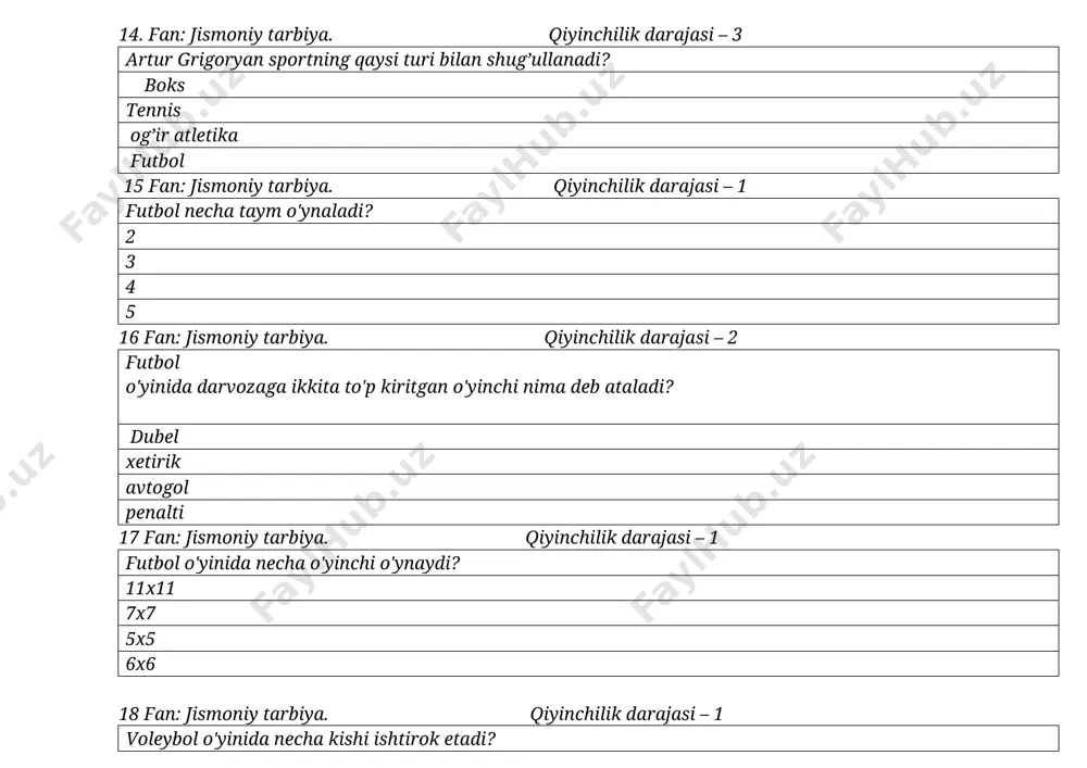 yinchilik darajasi – 1 . qisqa masoaga yugirishda necha metrga yugiriladi. 100.200.400 30.60.50 1000.2000.3000 30,70,200 45 fan: jismoniy tarbiya. qiyinchilik darajasi – 1 olimpiada halqasi nega beshta. beshta qita bo'lgani uchun hech nimani bildirmaydi beshta millat bo'lgani uchun. hammasi 46 fan: jismoniy tarbiya. qiyinchilik darajasi – 1 alpomish va barchinoy test miyorlari necha bosqichdan iborat. 3 4 2 1 47 fan: jismoniy tarbiya. qiyinchilik darajasi – 1 suv bilan chiniqishning boshlang'ich bosqichini ayting. yuvinish artinish suvda turish hammasi 48 fan: jismoniy tarbiya. qiyinchilik darajasi – 2 yugirib kelib uzunlikka sakrashning samarali usullari qaysi hatlash usuli qaychi usuli yurish. yugurish 49 fan: jismoniy tarbiya. qiyinchilik darajasi – 1 kuch sifatlari nima bilan aniqlanadi turnikka tortinish granata uloqtirish uzunlikka sakrash yugurish 50 fan: jismoniy tarbiya. qiyinchilik darajasi – 1 qaysi sport turida egiluvchilik namoyon bo'ladi badiy gimnastika oq terakmi ko'k terak futbol gambol fan: jismoniy tarbiya. “ maktabda jismoniy tarbiya ” ” …