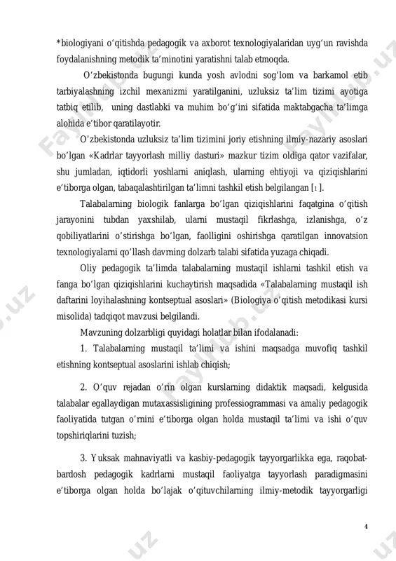 a bo’lajak o’qituvchilarning ilmiy-metodik tayyorgarligi 5 darajasini orttirishga zamin tayyorlaydigan o’quv topshiriqlarini mujassamlashtirish; kadrlar tayyorlash milliy dasturidan ko’zlangan maqsadlardan biri «jamiyatda mustaqil fikrlaydigan shaxsni shakllantirishdan iborat». mustaqil fikrlash shaxs xislati sifatida har qanday faoliyatda yutuqlarga yuqori darajada erishishning muhim omili sanaladi. bu xislatga yurtboshimiz i.a.karimov ham katta ahamiyat berganlar. «endigi asosiy vazifa – kishilarimizning mustaqil fikrga o’rganishi, o’ziga ishonchining ortib borishidir. chunki tafakkur ozod bo’lmasa, ong va shuur tazyiqdan, qullikdan qutilmasa, inson to’la ozod bo’la olmaydi»[2]. bugungi talabalar oliy ta’lim muassasalarini tugatib, mustaqil amaliy pedagogik faoliyatga yo’l olar ekan ularning pedagogik faoliyatda uchraydigan muammoli vaziyatlarni o’zlashtirgan bilim, ko’nikma va malakalari asosida hal etish yo’llarini o’rgatish asosiy muammo sanaladi. shu sababli, tadqiqot davomida bo’lg’usi biologiya o’qituvchilarining ilmiy– metodik tayyorgarligini ta’minlaydigan “biologiya o’qitish metodikasi” kursi yuzasidan talabalarning mustaqil ta’limi va ishi o’quv topshiriqlari muammoli vaziyatlar yaratishga zamin tayyorlaydigan tarzda tuzildi. prezident i.karimovning o’zbekistonning ijtimoiy-iqtisodiy rivojlantirishning eng ustivor yo’nalishlariga bag’ishlangan vazirlar mahkamasining majlisida …