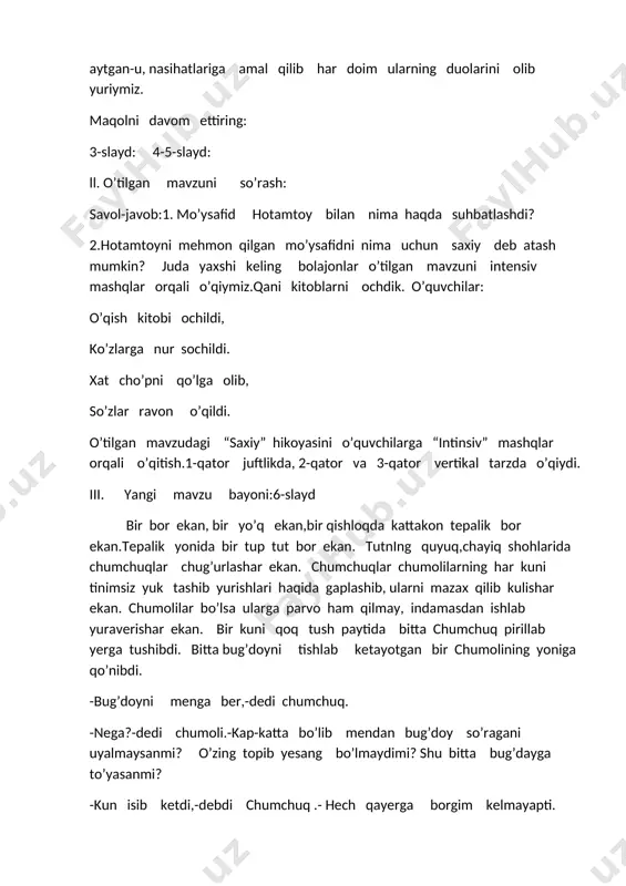 bo’lib qolgan olg’ir mushuk bir hamla qilib chumchuqni tappa bosibdi. -voy, chumchuqjon, meni qutqar, mushukni chaqib ol!-deb chirillabdi chumchuq. shunda mushuk chumchuqni tishlab, yugurganicha tepalikning narigi tomoniga o’tib ketibdi. iv. mustahkamlash: 7-8-9-slaydlar: mustaqil ish:qolar, eding, bo’lib, menga, achchiq, mehnat, o’xshab, sen, terlab, ham, qilsang. gap: menga o’xshab mehnat qilsang, sen ham terlab achchiq bo’lib qolar eding. v.baholash: o’quvchilarning darsdagi ishtirokiga qarab baholanadi. vi.vazifa: ertakni o’qib kelish.