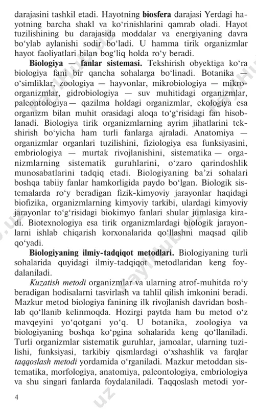 metodi organizmlar va ularning atrof-muhitda ro‘y beradigan hodisalarni tasvirlash va tahlil qilish imkonini beradi. mazkur metod biologiya fanining ilk rivojlanish davridan bosh- lab qo‘llanib kelinmoqda. hozirgi paytda ham bu metod o‘z mavqeyini yo‘qotgani yo‘q. u botanika, zoologiya va biologiyaning boshqa ko‘pgina sohalarida keng qo‘llaniladi. turli organizmlar sistematik guruhlar, jamoalar, ularning tuzi - lishi, funksiyasi, tarkibiy qismlardagi o‘xshashlik va farqlar taqqoslash metodi yordamida o‘rganiladi. mazkur metoddan sis- tematika, morfologiya, anatomiya, paleontologiya, embriologiya va shu singari fanlarda foydalaniladi. taqqoslash metodi yor- 4 damida hujayra nazariyasi biogenetik qonun, irsiy o‘zgaruv - chanlikning gomologik qatorlar qonuni kashf etilgan. turli sistematik guruhlar, organizmlar, ular organlarining tarixiy jarayonda paydo bo‘lishi, takomillashish qonuniyatlari tarixiy metod yordamida aniqlanadi. bu metod orqali organik olamning evolutsion ta’limoti yaratildi. ma’lum maqsadlarni ko‘zlab barpo etilgan sharoitlarda tirik organizmlar tuzilishi, hayot jarayonlarini kuzatish eksperimental metod orqali amalga oshiriladi. bu metod organizmlar xatti-harakati, tuzilishi, xos- salari mohiyatini chuqurroq tadqiq qilish imkonini beradi. keyingi paytlarda …