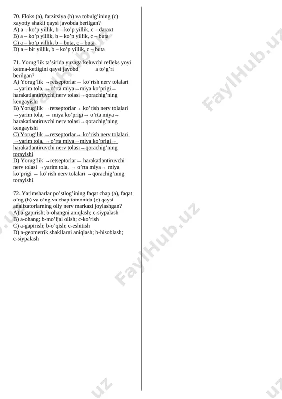 c – karpsimonlar c) a – suyak-tog’aylilar; b – losossimonlar; c – suyakli baliqlar d) a – losossimonlar; b – suyak-to’g’ayli; c – karpsimonlar 55. ko’l baqasini baliqlarga nisbatan sekin harakatlanishi (a)lekin murakkab harakatlana olishi (b) sababalari qaysi javobda berilgan? a) a – miyachasi kuchsiz; b – yarimsharlari mavjudligi b) a – tanasi yerga yaqinligi; b – muskullarini kuchli rivojlangan c) a – sovuqqonli bo’lishi; b – muskullarini kuchliligi,tanasini yerga yaqin joylashganligi d) a – suyaklari qo’shilib ketganligi; b – miyachasi kuchli ekanligi 56.oyoq paypaslagichlari qisqichga aylangan (a) oyoq paypaslagichlari yurish oyoqlariga o’xshaydigan (b) bo’gim oyoqlilarga xos bo’lgan fikr qaysi javobda berilgan? a) a – daryo, ko’l va soylarda uchraydi ; b – bir juft ko’zlarga ega b) a – oshqozoni ikki bo’lmali; b – ikki juft og’iz organlariga ega c) a – qorin bo’limi bo’limlarga bo’lingan; b – umurtqalilar bilan oziqlanadi d) a – tirik tug’adi; b – tanasi …