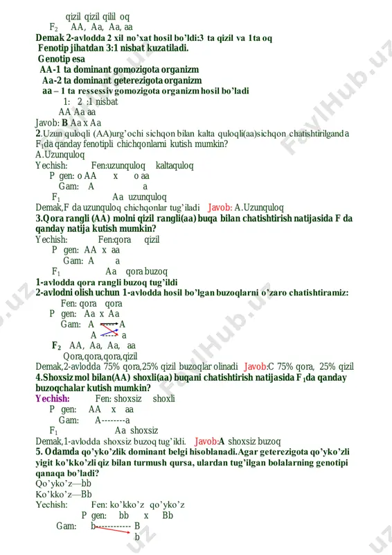 nday fenotipli organizmlar hosil bo’lishini aniqlang yechish: fen: normal qisqa p gen: bb x bb gam: b------------ b b f bb, bb normal qisqa nisbat: 50% 50% javob:a 50% normal, 50% qisqa yungli 11.tovuqlarda gulismon toj dominant(a), oddiy toj(a) retsessiv.tajribada gulsimon tojli tovuqlar oddiy tojli ho’rozlar bilan chatishtirildi.f2 duragaylarining fenotipini toping. yechish: fen:gulsimon oddiy p gen; aa x aa gam: a a f1 aa gulsimon 2-avlodni olamiz.buning uchun 1-avlod tovuq va ho’rozni chatishtiramiz fen:gulsimon gulsimon p gen: aa x aa gam: a a a a f2 aa, aa, aa, aa 3 ta gulsimon 1 ta oddiy javob:a d i d u r a g a y c h a t i s h t i r i s h ikki juft belgisi bilan farq qiladigan organizmlarni chatishtirish diduragay chatishtirish deb ataladi. masalan, no’xatning sariq rangi(aa) va yashil rangi(aa) 1-juft belgi, donining silliqligi(bb) va burishganligi(bb) 2-juft belgi . diduragay chatishtirishda fenotip …