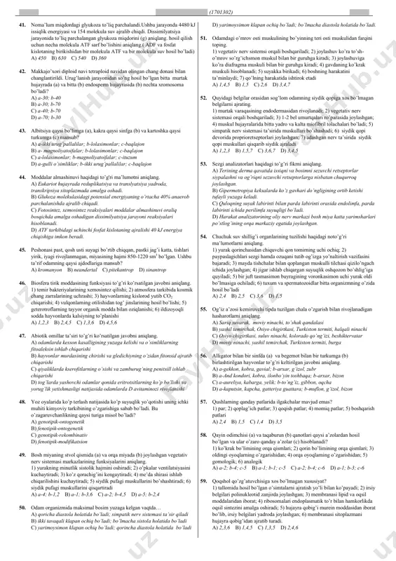 mizni va insoniy qadr-qimmatimizni belgilaydigan mo'tabar va muqaddas voqelikdir. a) 2, 3, 4 b) 2, 3 c) 1, 2 d) 1, 3 16. qaysi javobdagi juftlik o'zaro bir umumiy ma'noni ifodalay olmaydi? a) ganch-boylik b) gangimoq-esankiramoq c) norg'ul-barzangi d) tanti-mard 17. odam uchta narsaning qadrini doim kechikib biladi: yoshlik, sog'lik, tinchlik. ushbu gapdagi ikki nuqtaning qo'yilish sababi to'g'ri izohlangan javobni aniqlang. a) gap bo'laklari bilan aloqaga kirishmaydigan bo'laklarni ajratish uchun b) umumlashtiruvchi bo'lak uyushiq bo'laklardan oldin kelgani uchun c) izoh munosabati bog'lovchisiz qo'shma gap bo'lgani uchun d) ajratilgan bo'lak qatnashgani uchun 18. ergash gap qismida uyushgan to'ldiruvchi ishtirok etgan ergashgan qo'shma gapni toping. a) sa‟diy sheroziy xalq donishmandligining nodir namunalariga o„z iste‟dodi bilan sayqal berib, “guliston” va “bo„ston”ni yaratdi. b) hammasi joyida, do'stlar, men hech kimdan, hech narsadan xafa emasman. c) xalqimiz o'tmishda ko'plab hokimliklar, xohlik va amirliklar tuzgan, shuning uchun uning ko'plab poytaxtlari bo„lishi tabiiydir. d) quyosh bosh ko„tarib …