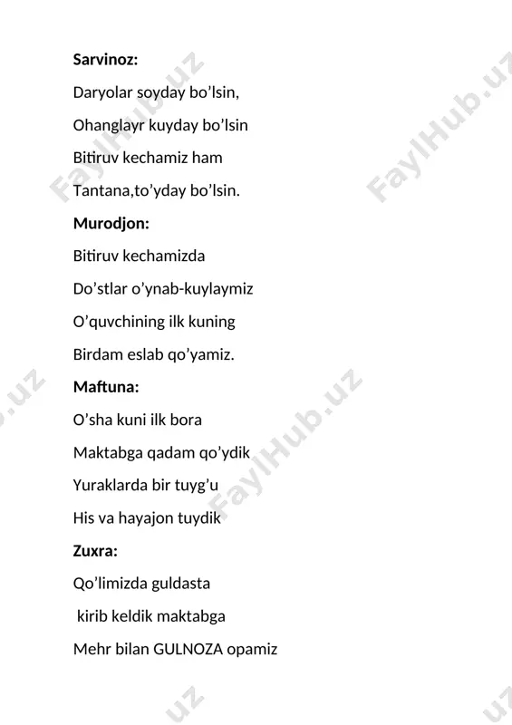 abiat fanini sevib o’rgandik. diyora: atrofdagi olamni o’rgandik biz zavq bilan tajribalar ham qildik shijoat-u shavq bilan nasiba: vatanimning tog’lari vodiy,daryo bog’lari menga yaxshi tanishdir o’tlog’u gulbog’lari murod: hayvonot olamidan bilim beradi “tabiat” bu olgan bilimlardan topgaymiz baxt-saodat zuhra: o’rgandik tabiatni ob-havoni kuzatdik yurtim jamolin ko’rib dildan g’amni yo’qatdik 1-boshlovchi {tursunoy]-darhaqiqt ,tabiat faniga qiziqib qoldik va uni asrashni o’rgandik. 1-boshlovchi {murod}-shu bilan bir qatorda tabiat darakchilarini yaxshi bilib oldik.keling hozir shu tabiat darakchilari haqida ota-onalar va o’quvchilar orasida viktorina o’tqazsak. savol. {tabiat darakchilar} -agar kun botishida sharq qizarib tursa ertasi kuni---{kun issiq bo’ladi} -qldirg;ochlar pastlab uchsa—{yomg’ir yog’adi, -balandlab uchsa—{havo ochi bo’lishi kutiladi} -agarda pashsha bir yerda g’uj bo’lib aylani uchaversa,--{kun isishidan darak deb bilavering. -kechasi yulduzlar charaqlasa—{havo ochiq bo’ladi} -agar kuzda daraxt barglari tepadan to’kila boshlasa—{qiah sovuq bo’ladi} -it-mushuklar oyoqlarini g’ujanak qilib yotib olsa—{yog’ingarchilik bo’lishidan dalolat} ingiliz tilida “ertak” rus tilida {qo’shiq” 1-boshlovchi {tursunoy]-biz o’rgangan fanlar aqlimizni boyitgan,fikrimizni charxlagan bo’lsa,rasm,musiqa,mehnat …