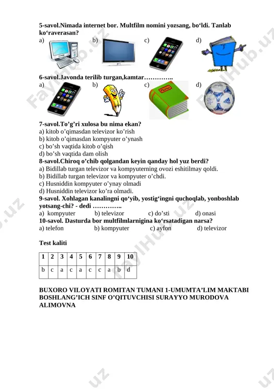 shikdan yasanib-tusanib olib, o‘yin-kulgi qilayotgan bolalarni tomosha qilishga ruxsat berildi. shuning o‘zi ham kambag‘al bola uchun katta baxt edi. 10. lekin eng yomoni shundaki, otasining familiyasi, demak uning o‘z familiyasi ham «sen» bilan tamom bo‘lardi.«xullas, mendan hech qachon biror durust odam chiqmaydi!– deb o‘yladi kambag‘al bola. – mana, baxtsizlik. to‘g‘ri xulosa nilufar sapayeva (g’unchadan) (maktabdan tashqari o’qish savodxonligini tekshirish uchun) ertak husniddin ismli kitobsevar bola bo‘lgan ekan. ota-onasi unga har hafta yangi kitob sovg‘a qilarkan. - ey bolakay, kitob o‘qib bosh qotirib o‘tirasanmi? o‘sha kitobingdagi ertaklarning hammasi menda bor. xohlagan kanalingni qo‘yib, yostig‘ingni quchoqlab, yonboshlab yotsang-chi? - dedi televizor. - e-e, televizormi, - debdi kompyuter suhbatga aralashib. u dasturda bor multfilmlarnigina ko‘rsatadi. menda internet bor. multfilm nomini yozsang, bo‘ldi. tanlab ko‘raverasan. kitobingni qo‘y. bu paytda kitoblar kamtargina bo‘lib, javonda terilib turishardi. shunda birdan chiroq o‘chib qolsa, deng. bidillab turgan televizor va kompyuterning ovozi eshitilmay qoldi. husniddin bundan to‘g‘ri xulosa chiqardi. …