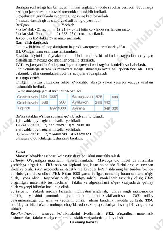... 3 km [image: image3.png] dam olish daqiqasi o‘qituvchi harakatli topshiriqlarni bajaradi vao‘quvchilar takrorlaydilar. iii. o‘tilgan mavzuni mustahkamlash: estafeta o‘yinidan foydalaniladi. unda o‘qituvchi oldindan tayyorlab qo‘yilgan plakatlarga mavzuga oid misollar orqali o‘tkaziladi. iv.dars jarayonida faol qatnashgan o‘quvchilarni rag‘batlantirish va baholash. o‘quvchiularga darsda va munozaralardagi ishtirokiga ko‘ra ball qo‘yib boriladi. dars yakunida ballar umumlashtiriladi va natijalar e’lon qilinadi v. uyga vazifa. o‘tilgan mavzu yuzasidan suhbat o‘tkazilib, darsga yakun yasaladi vauyga vazifani tushuntirib beriladi. sana: mavzu: bir xonali songa ko‘paytirish yoki bo‘lishni o‘z ichiga olgan tarkibli masalalar. tengsizliklarni tanlash usuli bilan yechish darsning maqsadi: ta’limiy: o‘quvchilarga tengsizliklarni tanlash usuli bilan yechishni tushuntirish, tarkibli masala yechish. tk1: so‘z va gaplarni bog‘lagan holda o‘z fikrini aniq va ravshan ifodalay olish; tk6: aniq hisob-kitoblarga asoslangan holda shaxsiy rejalarni tuzish; fk1: o‘rganilgan matematik tushunchalarni qabul qila olish, mavzuga doir tegishli misollar keltira olish. tarbiyaviy: o‘quvchilarda kelajakka ishonch hissini uyg‘otish, kasbga yo‘llash. tk3: masala yechimiga yaqinlashish darajasini …
