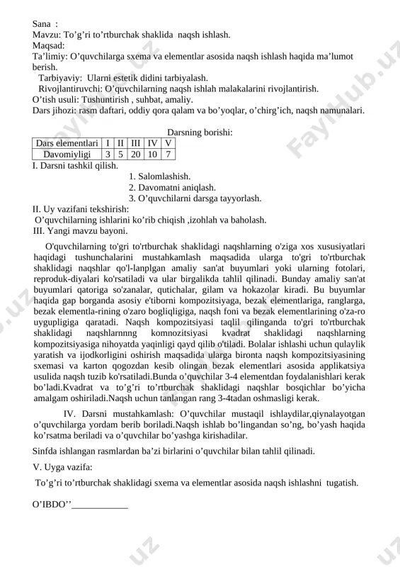 ng borishi: dars elementlari i ii iii iv v davomiyligi 3 5 20 10 7 i. darsni tashkil qilish. 1. salomlashish. 2. davomatni aniqlash. 3. o’quvchilarni darsga tayyorlash. ii. uy vazifani tekshirish: o’quvchilarning ishlarini ko’rib chiqish ,izohlah va baholash. iii. mavzu bayoni. anor rasmining chizish bosqichlari. o`quvchilar mustaqil ishlaydilar. o’ibdo’’____________ sana : mavzu: to’g’ri to’rtburchak shaklida naqsh ishlash. maqsad: ta’limiy: o’quvchilarga sxema va elementlar asosida naqsh ishlash haqida ma’lumot berish. tarbiyaviy: ularni estetik didini tarbiyalash. rivojlantiruvchi: o’quvchilarning naqsh ishlah malakalarini rivojlantirish. o’tish usuli: tushuntirish , suhbat, amaliy. dars jihozi: rasm daftari, oddiy qora qalam va bo’yoqlar, o’chirg’ich, naqsh namunalari. darsning borishi: dars elementlari i ii iii iv v davomiyligi 3 5 20 10 7 i. darsni tashkil qilish. 1. salomlashish. 2. davomatni aniqlash. 3. o’quvchilarni darsga tayyorlash. ii. uy vazifani tekshirish: o’quvchilarning ishlarini ko’rib chiqish ,izohlah va baholash. iii. yangi mavzu bayoni. o'quvchilarning to'gri to'rtburchak shaklidagi naqshlarning o'ziga xos xususiyatlari …