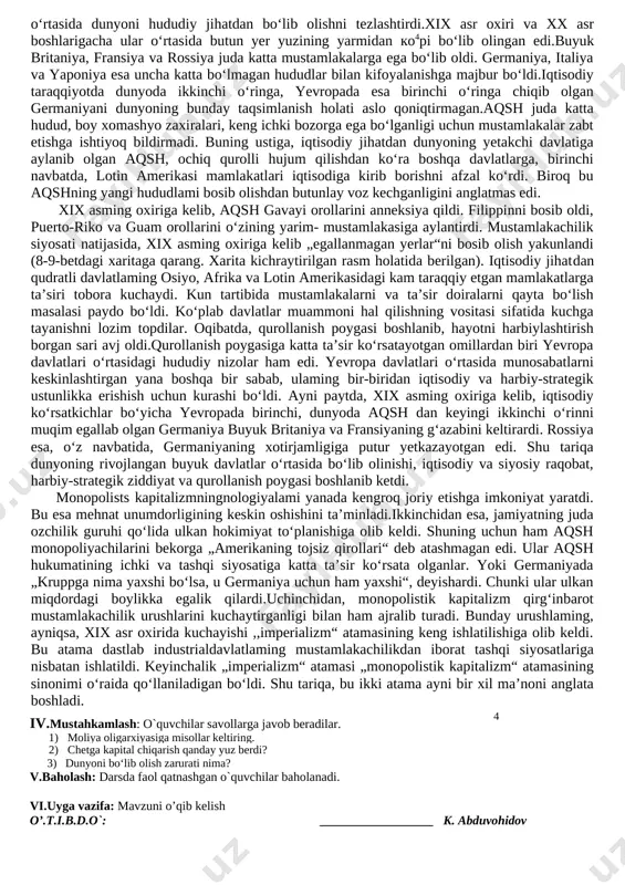 yaviy qudratning timsoli fransuz bankining yirik omonat- chilari bo‘lgan „200 oila“ edi. 3. [bookmark: bookmark1]chetga kapital chiqarish muhim ahamiyat kasb etdi. monopoliyalar, moliya oligarxiyasi foydani ko‘paytirishga harakat qilib, chetga endi tovarlami emas, balki kapital chiqarishga alohida ahamiyat bera boshladilar. chunki endilikda tovar chiqarishdan ko‘ra, chet mamlakatlarga kapital chiqarish, ya’ni ularga foiz evaziga kreditlar berish, tabiiy boyliklami arzonga sotib olish, u yerlarda eng arzon ishchi kuchi hisobiga boylik orttirish imkonini beruvchi korxonalar qurish foydali bo‘lib qoldi.shunday qilib monopoliyalar chetga kapital chiqarishni uni o‘z mamlakatlari iqtisodiga solishdan afzal ko‘rar edilar, bu hoi metropoliyalaming rivojlanishiga to‘sqinlik qila boshladi.shu tufayli, 1900-1913-yillarda industrial davlatlar chetga chiqargan kapitalning hajmi ikki barobar oshganligi bejiz bo‘lmagan edi. 4. [bookmark: bookmark2]xalqaro monopoliyalarning dunyoni iqtisodiy jihatdan bo‘lib olishi. eng yirik monopoliyalar, moliya oligarxiyasining turli guruhlari bozorlar, xomashyo manbalari ustidan nazorat o‘matishga intilganlar.shu tariqa, millatlararo korporatsiyalar vujudga kelgan. 1910-yilda ulaming soni 100 taga yetgan. natijada, endi yangi bir hodisa - ular …