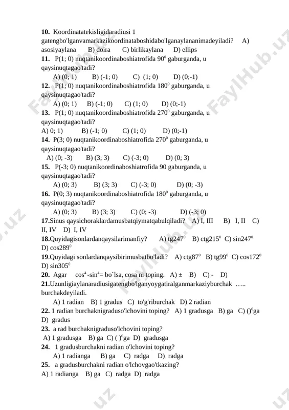 a b d a d c b c a a a c c c d matematika. 9 sinf. test savollari. iii – chorak 1. arifmetikprogressiyada a2 = 12 va a5 = 3. shu progressiyaningo'ninchihadini toping. a)-6 b) 0 c)-12 d)-15 2. radiusi 6 smbo`lganaylanagaichkichizilganmuntazamoltiburchaktomonini toping a) 4 b) 6 c) 8 d) 10 3. tomoni 4 gatengbo`lgankvadratgatashqichizilganaylanauzunligini toping. a) b) c) d) 4 4. tomoni 7 gatengbo`lganmuntazamoltiburchakkatashqichizilgandoirayuzini toping. a) 49 b) 25 c) 36 d) 165 arifmetikprogressiyada a2 = 9 va a26 = 105 bo'lsa, shuprogressiyabirinchihadivaayirmasiningo'rtaproporsionalqiymatini toping. a)20 b) 4,5 c) d)9 6 4, 9, 14,: arifmetikprogressiyaningsakkizinchihadito'rtinchihadidannechtagaortiq? a)16 b) 18 c)20 d)22 7 arifmetikprogressiyaninghadlari natural sonlardaniborat. agar a1 = 3 va 20 < a3 < 22 bo`lsa, progressiyaayirmasini toping? a)8 b) 10 c)7 d)9 8 arifmetikprogressiyaningbirinchihadi 6 ga, oxirgihadiesa 39 gateng.agarprogressiyaningayirmasibutunsondaniboratbo'lib, u 2 dankattava6 dankichikbo'lsa, oxirgihaddanoldingihadlarsoninisoninianiqlang. a)11 b) 12 c)10 d)9 9 arifmetikprogressiyada a1 = 3 va d = 2 …