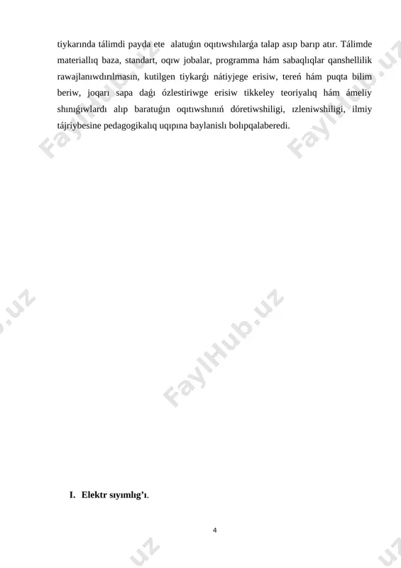 ada (1 = 10 f), mikrofarada (1 = 10 f), nanofarada (1 = 10 ) ha’m pikofarada (1 = 10 f). ii.kondensatorlar. basqa denelerden qashıqlatılg’an o’tkizgishler ju’da’ kishi sıyımlıqqa iye. mısalı radiusı jerdin’ radiusına ten’ bolg’an o’tkizgish 700 mkf g’a ten’ sıyımlıqqa iye bolg’an bolar edi (demek jerdin’ potentsialın 1 v ke joqarılatıw ushın kerek bolg’an zaryadtın’ mug’darıkl elektr zaryadı ǵana kerek boladı.bul shama menen . usıg’an baylanıslı basqa denelerden baylanıssız alıng’an jeke deninin’ elektr sıyımlıg’ı og’ada kishi boladı eken, al elektr sıyımlıg’ı u’lken bolg’an o’tkizgishti alıw ushın onı basqa denelerden alısqa alıp ketpew kerek eken degen juwmaq shıg’aramız. kondensatorlar dep atalatug’ın du’zilislerdin’ tiykarında o’tkizgishlerdin’ basqa deneler menen jaqınlasqanda sıyımlıg’ının’ artıw fakti jatadı. a’dette kondensator dep bir birinen ajıratılgan (izolyatsiyalang’an) eki o’tkizgishke aytamız. sol o’tkizgishlerdin’ formasına baylanıslı shar ta’rizli, tegis ha’m basqa da kondensatorlardın’ bolıwı mu’mkin (1- su’wret). [image: ] 1-su’wret. shar ta’rizli ha’m tegis kondensatordın’ su’wretleniwi. kondensatordı payda etiwshi …