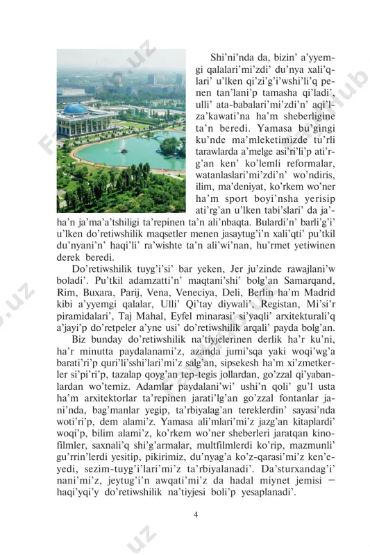 den baslap insan wo’z aldi’na shi’n ma’niste yerkin ha’m abadan jasaytug’i’n jan’a ma’mleket, jan’a ja’miyet quri’w wazi’ypasi’n qoydi’. bul ma’mleket ha’m ja’miyettin’ ati’ huquqi’y demokratiyali’q ma’mleket, puqarali’q ja’miyeti dep ataladi’. huquqi’y demokratiyali’q ma’mleket – ni’zamlarg’a su’yengen halda rawajlanatug’i’n, xali’qti’n’ tilegi ha’m yerk- i’qi’rari’ tiykarg’i’ wori’n tutatug’i’n ma’mleket degeni. puqa- rali’q ja’miyeti bolsa ma’mleketti basqari’wda puqaralar ha’m wolar ta’repinen du’zilgen puqarali’q sho’lkemleri belsendilik penen qatnasatug’i’n, sheshiwshi wori’n tutatug’i’n ja’miyet boli’p yesaplanadi’. «demokratiya birinshi na’wbette ruwxi’y wo’lshemler tiykari’nda basqari’latug’i’n, ku’shli huquqi’y ma’mleket, ku’shli puqarali’q ja’miyeti demekdur. soni’ ayti’w mu’mkin, huquqi’y ma’mleket ha’m puqarali’q ja’miyeti demokratiyani’n’ wo’z-ara ti’g’i’z baylani’sli’ bolg’an yeki ta’repi, yeki qanati’ boli’p tabi’ladi’»1. prezidentimizdin’ mine usi’ pikirleri tuwrali’ bir woylap ko’- reyik. demokratiya ruwxi’y wo’lshemler, yag’ni’y insanni’n’ a’dep-ikramli’li’g’i’, aqi’l-za’kawati’, du’nyag’a duri’s ko’z-qara- ! 1 islam karimov. joqari’ ma’nawiyat – jen’ilmes ku’sh. – t.: «ma’nawiyat» baspasi’, 2008-ji’l, 108-bet. 6 si’, pikirlew qa’bileti si’yaqli’ a’hmiyetli faktorlar negizinde basqa- ri’latug’i’n ja’miyettin’ tiykarg’i’ belgisi …