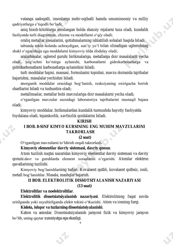 ustaqil bajara oladi; kimyoviy moddalar, birikmalardan kundalik turmushda hayotiy faoliyatda foydalana oladi, tejamkorlik, xavfsizlik qoidalarini biladi. kirish i bob. 8-sinf kimyo kursining eng muhim mavzularini takrorlash (2 soat) o‘rganilgan mavzularni to‘ldirish orqali takrorlash. kimyoviy elementlar davriy sistemasi, davriy qonun. atom tuzilish nuqtai nazaridan kimyoviy elementlar davriy sistemasi va davriy qonuni.davr va guruhlarda element xossalarini o‘zgarishi. atomlar elektron qavatlarining tuzilishi. kimyoviy bog‘lanishlarning turlari. kovalaent qutbli, kovalaent qutbsiz, ionli, metall bog‘lanishlar. masala, mashqlar bajarish. ii bob. elektrolitik dissotsiyalanish nazariyasi (13 soat) elektrolitlar va noelektrolitlar. elektrolitik dissotsiatsiyalanish nazariyasi. elektrolitning faqat suvda eritilganda yoki suyultirilganda elektr tokini o‘tkazishi. atom va ionning farqi. kislota, ishqor va tuzlarning dissotsiatsiyalanishi. kation va anionlar. dissotsiatsiyalanish jarayoni fizik va kimyoviy jarayon bo‘lib, uning qaytar xususiyatga ega ekanligi. 5 kuchli va kuchsiz elektrolitlar. elektrolitlarning dissotsiatsiyalanish darajasi. suvning dissotsiatsiyalanishi. elektrolit eritmalarining kislotali, ishqoriy va neytral muhiti. kuchli va kuchsiz elektrolitlar. dissotsiatsiyalanish darajasi. ion almashinish reaksiyalari. elektrolit eritmalari orasida sodir bo‘ladigan almashinish …