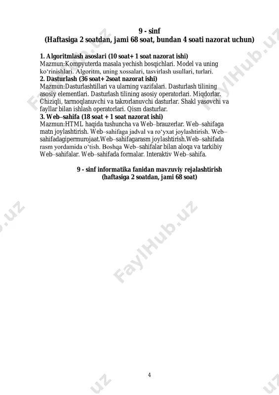 osiy operatorlari. miqdorlar. chiziqli, tarmoqlanuvchi va takrorlanuvchi dasturlar. shakl yasovchi va fayllar bilan ishlash operatorlari. qism dasturlar. 3. web–sahifa (18 soat + 1 soat nazorat ishi) mazmun:html haqida tushuncha va web–brauzerlar. web–sahifaga matn joylashtirish. web–sahifaga jadval va ro‘yxat joylashtirish. web– sahifadagipermurojaat.web–sahifagarasm joylashtirish.web–sahifada rasm yordamida o‘tish. boshqa web–sahifalar bilan aloqa va tarkibiy web–sahifalar. web–sahifada formalar. interaktiv web–sahifa. 9 - sinf informatika fanidan mavzuviy rejalashtirish (haftasiga 2 soatdan, jami 68 soat) 5 6