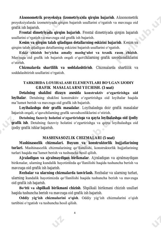 sh. detalning fazoviy holatini o‘zgartirishga va qayta loyihalashga oid ijodiy grafik ishlar bajarish. mashinasozlik chizmalari (5 soat) mashinasozlik chizmalari. buyum va konstruktorlik hujjatlarining turlari. mashinasozlik chizmalarining qo‘llanilishi, konstruktorlik hujjatlarining turlari haqida ma’lumot berish va tushuncha hosil qilish. ajraladigan va ajralmaydigan birikmalar. ajraladigan va ajralmaydigan birikmalar, ularning kundalik hayotimizda qo‘llanilishi haqida tushuncha berish va mavzuga oid grafik ish bajarish. rezbalar va ularning chizmalarda tasvirlash. rezbalar va ularning turlari, ularning kundalik hayotimizda qo‘llanilishi haqida tushuncha berish va mavzuga oid grafik ish bajarish. bo‘ltli va shpilkali birikmani chizish. shpilkali birikmani chizish usullari haqida tushuncha berish va mavzuga oid grafik ish bajarish. oddiy yig‘ish chizmalarini o‘qish. oddiy yig‘ish chizmalarini o‘qish tartibini o‘rgatish va tushuncha hosil qilish. 5 konstruksiyalash masalalari (1 soat) konstruksiyalashga doir masalalar. konstruksiyalashga doir masalalar yechish orqali o‘quvchilarning grafik savodxonliklarini o‘stirish. muhandislik kompyuter grafikasi (3 soat) kompyuterda to‘g‘ri chiziq, burchak va tekis shakllarni yasash. kompyuterda to‘g‘ri chiziq va tekis shakllarni yasash usullarini …