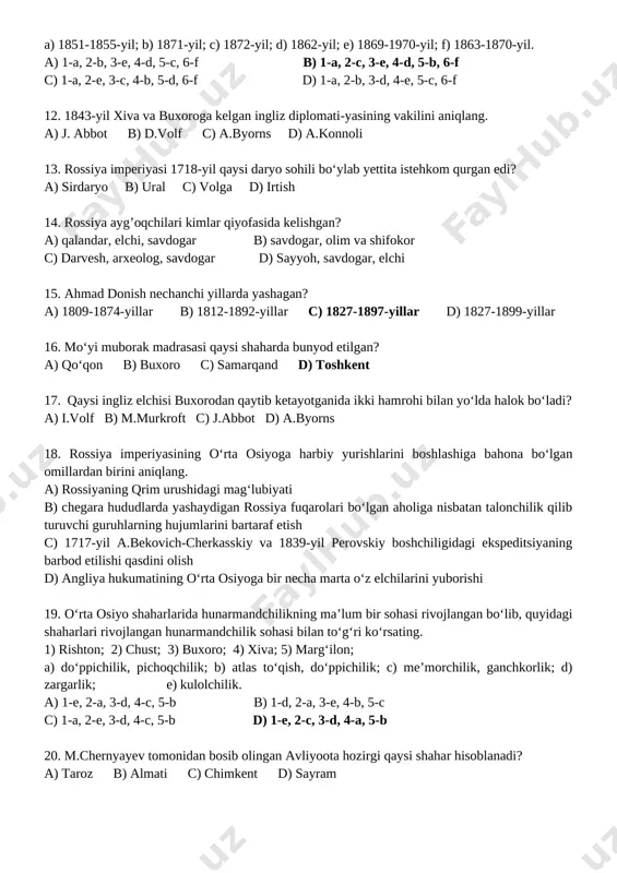 gan shartnomaga ko‘ra, ... ________________________________________________________________________ ________________________________________________________________________ ________________________________________________________________________ 11. zirabuloq jangidan keyin amir muzaffar va fon kaufman o‘rtasida imzolangan shartnomaga ko‘ra ... ________________________________________________________________________ ________________________________________________________________________ ________________________________________________________________________ 12. 1866-yilda orenburg general-gubernatori n.krijanovzkiy buxoro amiriga qanday taklif bilan murojaat qilgan edi? 13. biror-bir masala yuzasida bir davlat hukumatining boshqa bir davlat hukumatiga bayon qilgan, hech qanday e’tirozga o‘rin qoldirmaydigan qat’iy talabi nima deyiladi? ________________________________________________________________________ 14. “turkiston viloyatini boshqarish to‘g‘risidagi muvaqqat nizom” qachon qabul qilingan? ________________________________________________________________________ 15. rossiya imperiyasining xiva xonligiga qarshi yurish uchun uzoq va puxta tayyorgarlik ko‘rishining asosiy sababi nima edi? ________________________________________________________________________ ________________________________________________________________________ 16. turkmaniston hududidagi harbiy harakatlarga kimlar rahbarlik qilgan? ________________________________________________________________________ 17. gandimiyon shartnomasiga ko‘ra, xiva xonligi necha yil muddatda rossiyaga tovon to‘lashi kerak edi? ________________________________________________________________________ 18. 1867-yilda tashkil etilgan turkiston general-gubernatorligining markazi qaysi shahar edi? ________________________________________________________________________ 19. turkiston general-gubernatorligining birinchi gubernatori kim? ________________________________________________________________________ 20. toshkent