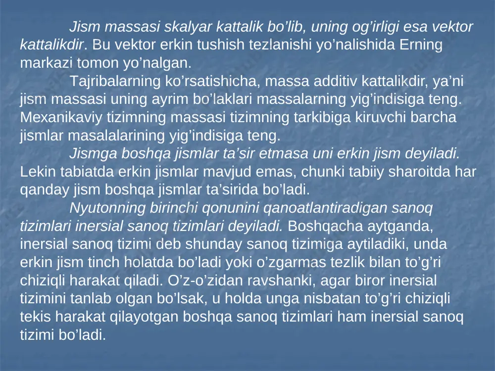 va  2 ) mazkur jismlarning massalariga teskari mutanosibdir, ya’ni   1 2 2 1  m m har qanday jismning massasi etalon sifatida qabul qilingan jism massasi bilan taqqoslash orqali o’lchanadi. bu usulda jismlarning erkin tushish qonuniyatidan foydalanil a di. erkin tushish esa jismlarga er tortish kuchi ta’sirining natijasidir . er yuzining har bir nuqtasi uchun jismlarning erkin tushishidagi tezlanishi o’zgarmas kattalik bo’lib, g ga teng va massasi m bo’lgan jismga r = mg kattalikdagi kuch ta’sir etadi. tarozi pallasiga qo’yilgan jism pallani og’irlik kuchiga teng kuch bilan b osadi. shu tufayli ikki jism massalarining nisbati ular og’irliklarining nisbati kabidir: m m 1 2 1 2    image12.png image13.png image14.emf sist e m a g a qo ’ yilg a n kuchl a rning t e ng t a ’ sir etuvchisi n o lg a t e ng bo ’ lg a nd a , …