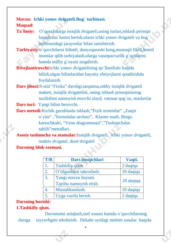 bilan ishlaydigan dvigatelni 1885-yilda nemis ixtirochisi g.daymler yaratdi. [image: ][image: d:\o`zimga rasmmmmmmmmmmmmmmmmmmm\oʻzimgaa\img_20201214_115404_119.jpg] hozirgi kunda arzon, eng kam benzin sarflaydigan mashina o`zbekistonda ishlab chiqarilayotgani aytiladi.masalan: “matiz” mashinasi 100 km masofaga 4-5 litr, “jiguli” esa 10 litr benzin sarflashi ta`kidlanadi.”matiz” dan tashqari, asaka zavodidan “tiko”, “neksiya”, “damas”, “lasetti”, “kaptiva”, “epika” rusumidagi mashinalar chiqishi, bu bilan o`zbekiston mashinalar ishlab chiqaradigan mamlakatlar qatoriga qo`shilganligini aytib, o`quvchilarda milliy g`urur hislarini shakllantiriladi. ichki yonuv dvigateliga nisbatan foydali ish koeffisenti yuqori bo`lgan dvigatelni 1893-yilda nemis injeneri rudolf dizel yaratdi. shuning uchun bunday dvigatel dizel dvigatel deb ataladi. [image: ]dizel dvigatelida yonilg`ini o`t oldiradigan svecha bo`lmaydi. porshen ustidagi havoni siqish darajasi injektorli dvigatelnikiga qaraganda yuqori bo`ladi. silindr ichidagi gazning temperaturasi keskin ortib ketadi. shu onda silindr ichiga mahsus forsunka suyuq yoqilg`ini purkaydi. natijada yoqilg`i alangalab ketadi. mamlakatimizda ishlab chiqarilayotgan man og`ir yuk mashinalariga va mikroavtobuslarga dizel dvigatellari qo`yilgan. [image: d:\o`zimga rasmmmmmmmmmmmmmmmmmmm\oʻzimgaa\img_20201214_115456_271.jpg] reaktiv samolyot va kosmik raketalar reaktiv dvigatel …