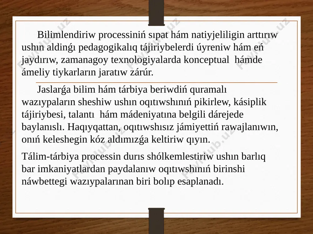 ne járdem beredi. diqqatlarińiz ushin raxmet! paydalanǵan ádebiyatlar g.e. karlıbaeva, n.s. matjanov fizika hám astronomiya oqıtıw metodikası. toshkent, 2017. n.sadriddinov, a.raximov fizikanı oqıtıw usılları hám tiykarları. nókis, 2015 djorayev m. fizika oqıtıw metodikası. toshkent, 2010 www.edu.uz www.tdpu.uz image6.png image7.png image1.jpg image4.png image5.png