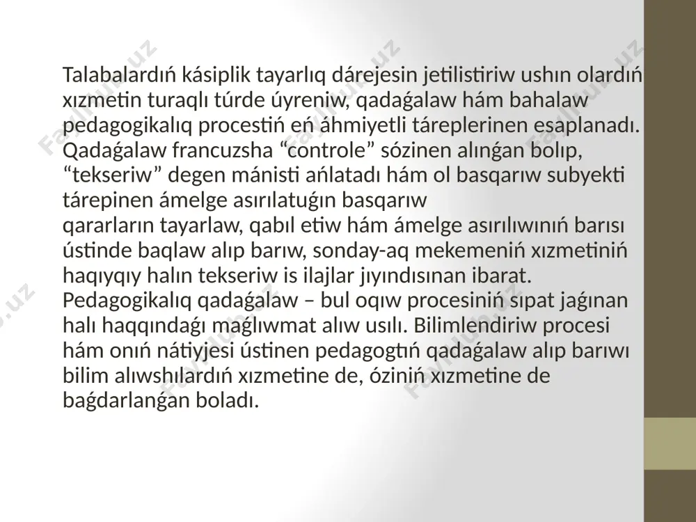w kónlikpelerin payda etedi. bunday testlerdi dúziw óz-ózinen quramalı pedagogikalıq másele bolıp tabıladı. tórtinshi dárejeli testler – bul sonday mashqalalar, olardı sheshiw – obyektiv jańa xabarlardı alıw menen ámelge asırılıwshı dóretiwshilik xızmet bolıp esaplanadı. dıqqatlarıńız ushın raxmet!